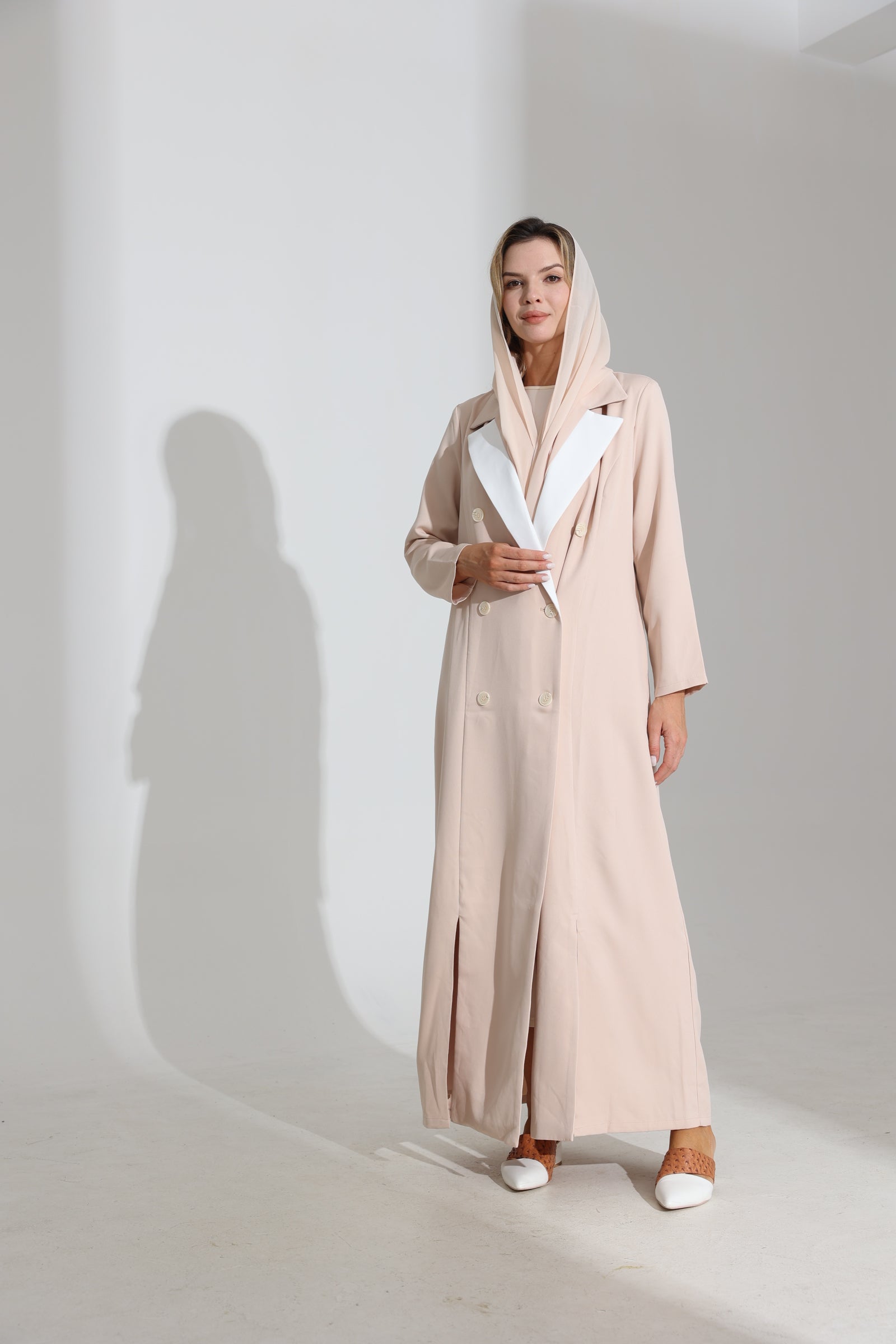 Light Beige Collar Suit Abaya - Sand Beige