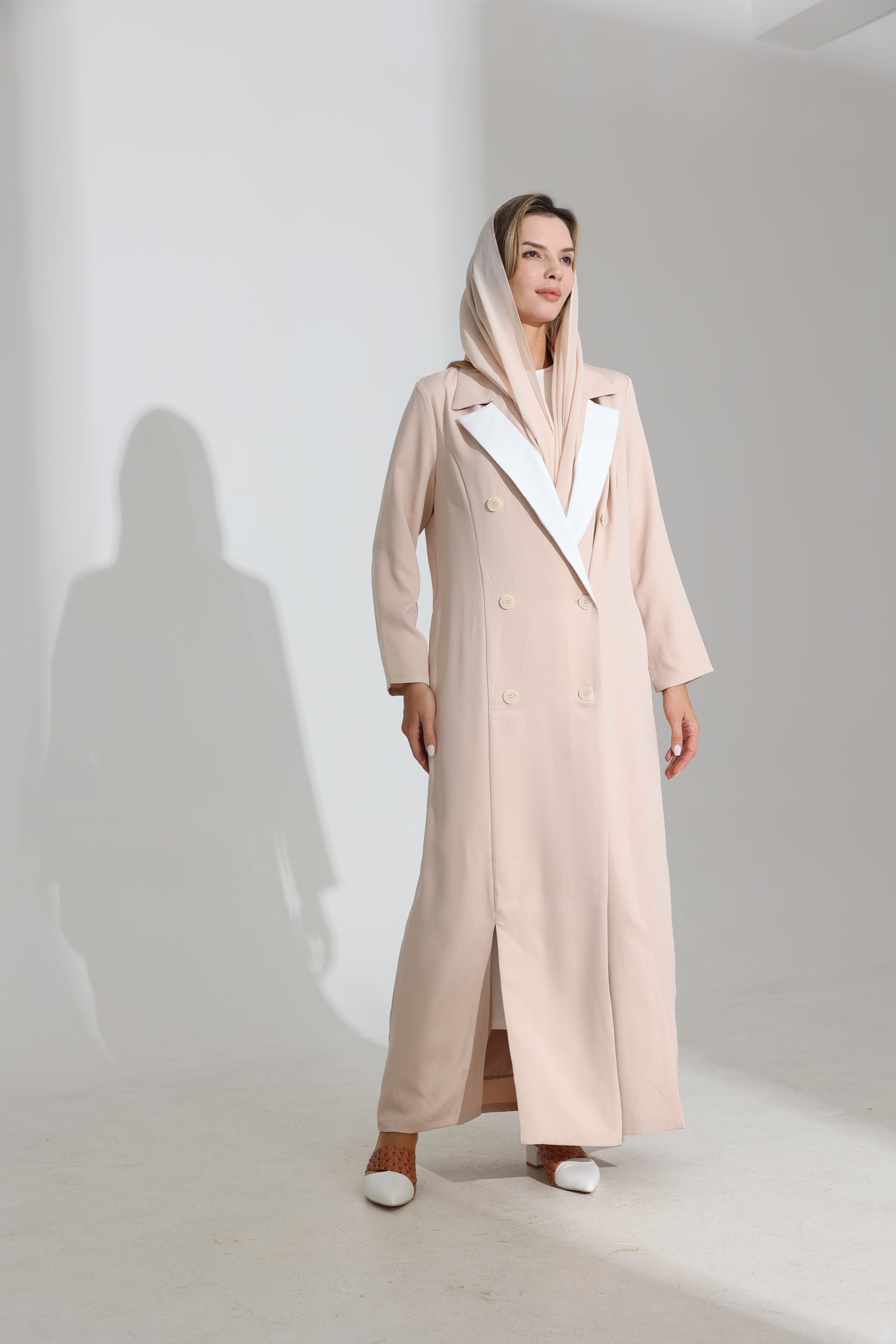 Light Beige Collar Suit Abaya - Sand Beige