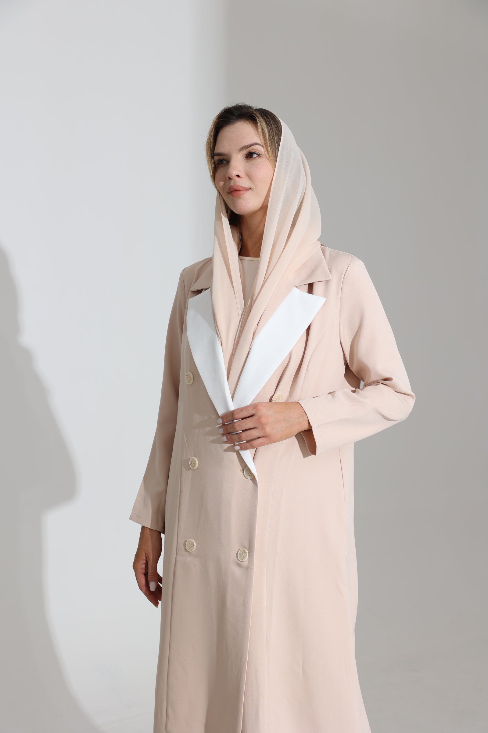 Light Beige Collar Suit Abaya - Sand Beige
