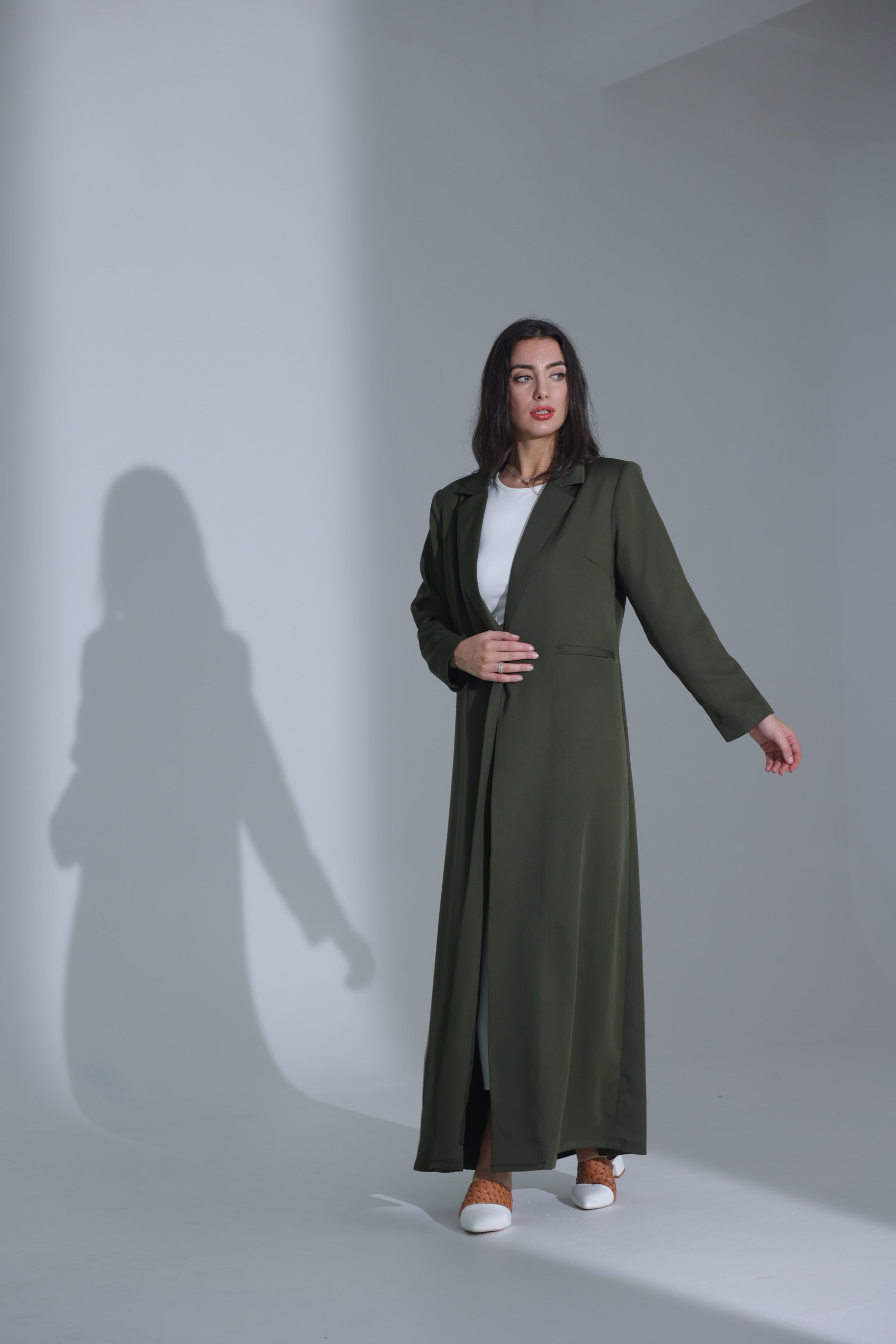 Olive Single Button Suit Abaya with Shoulder Pad