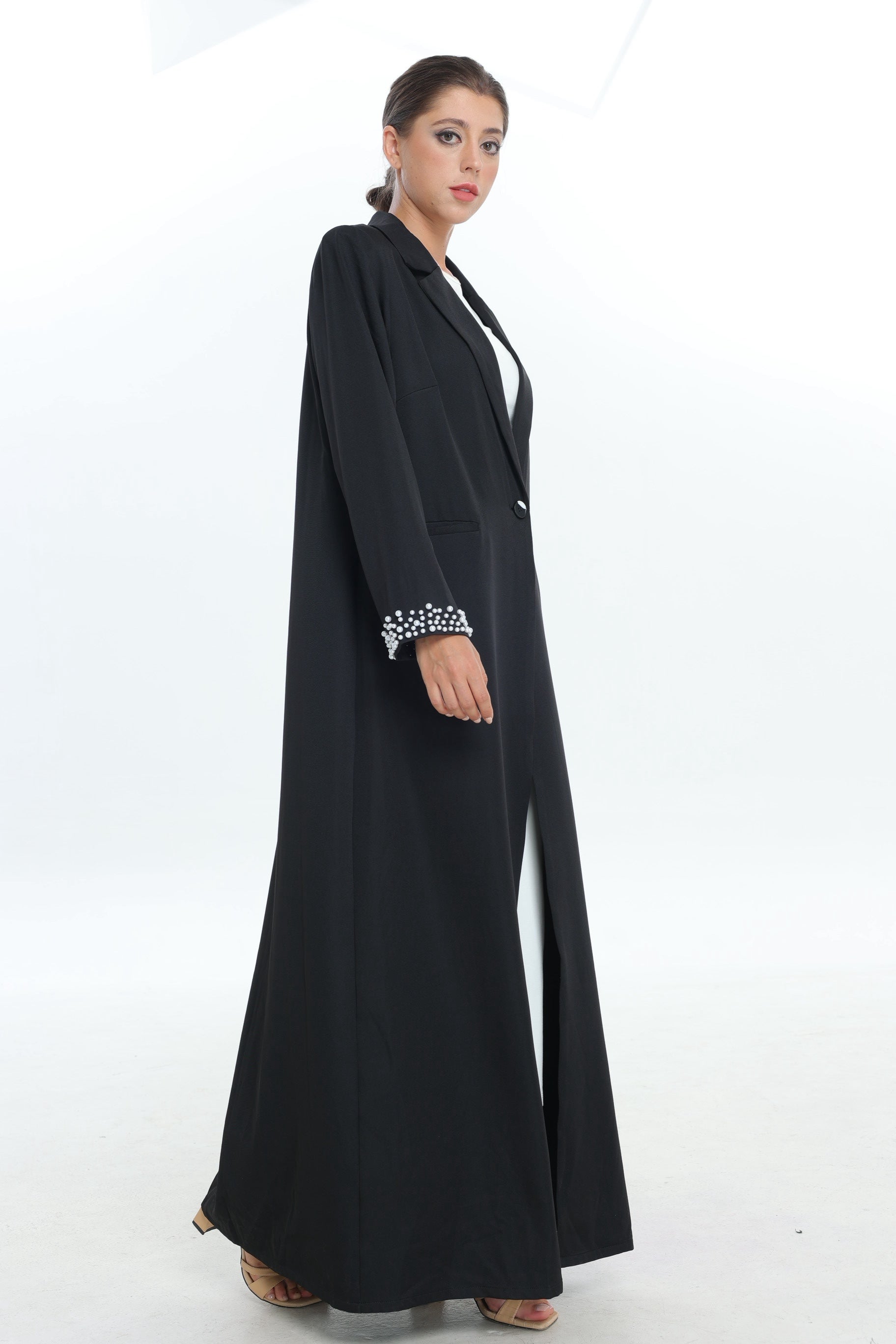 Black Single Button Abaya with Pearl Detail