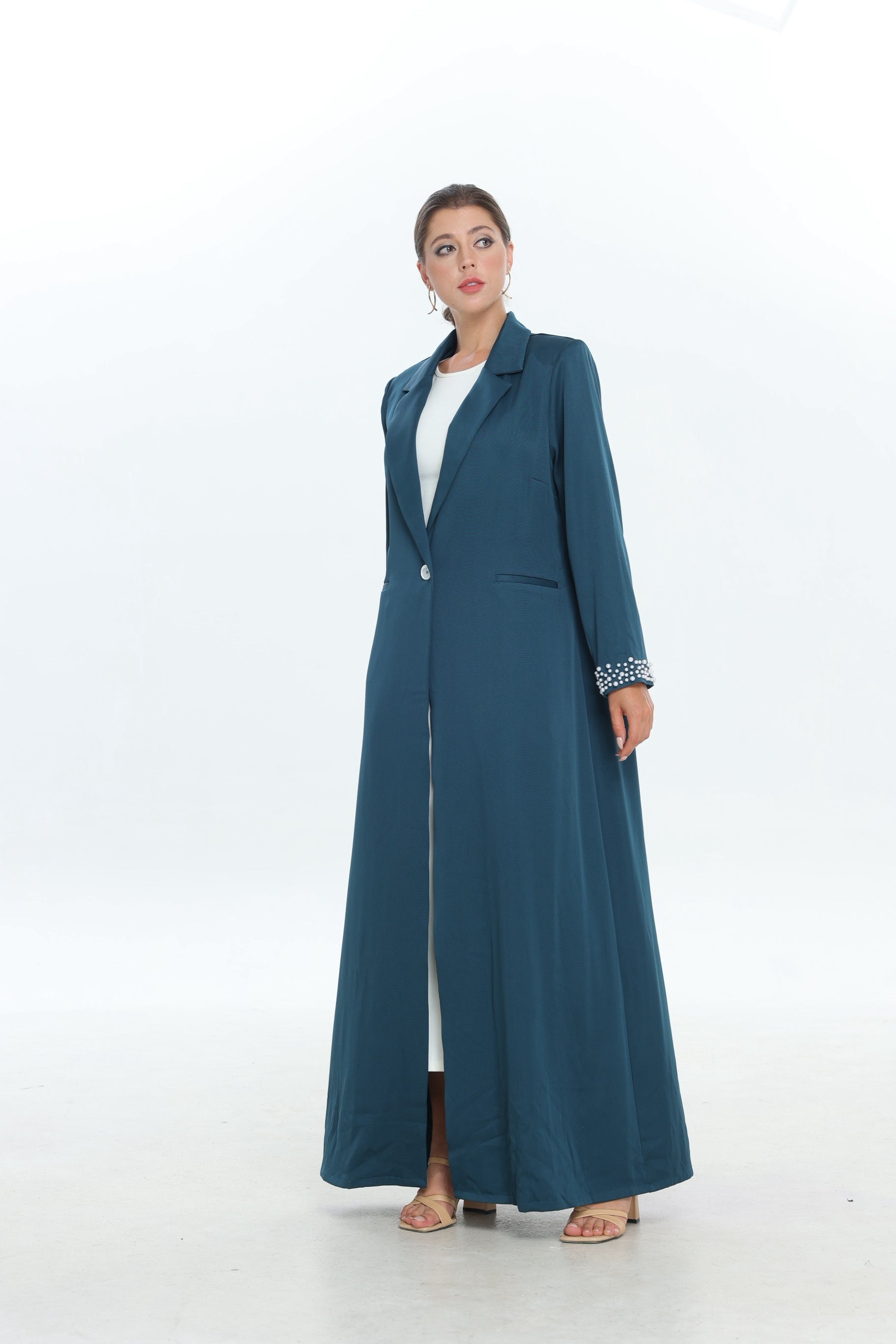 Royal Green Single Button Abaya with Pearl Detail