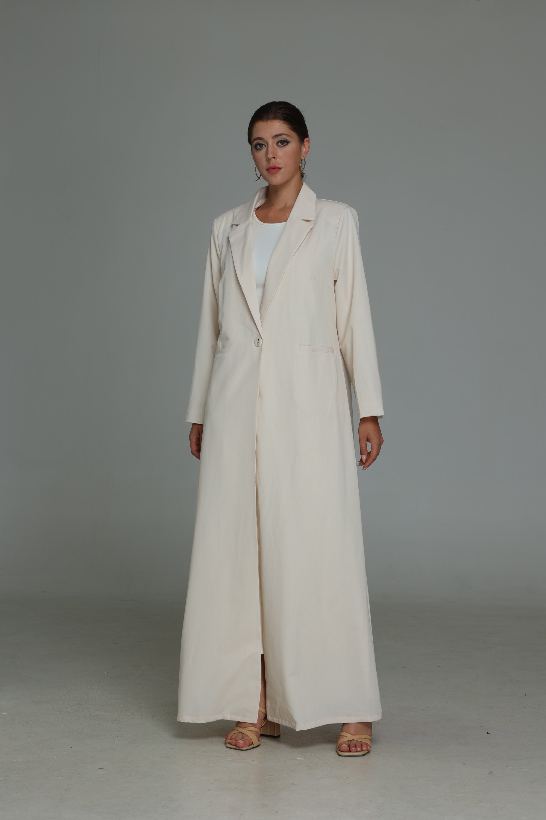 Cream Single Button Suit Abaya with Fine Lines