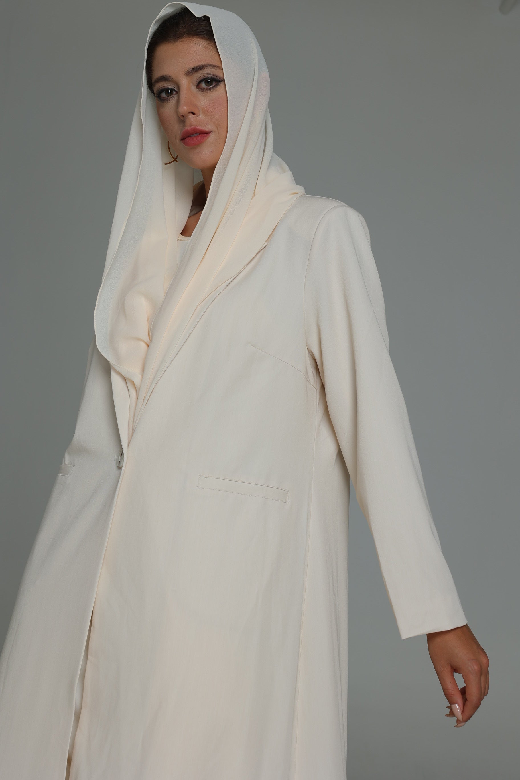 Cream Single Button Suit Abaya with Fine Lines