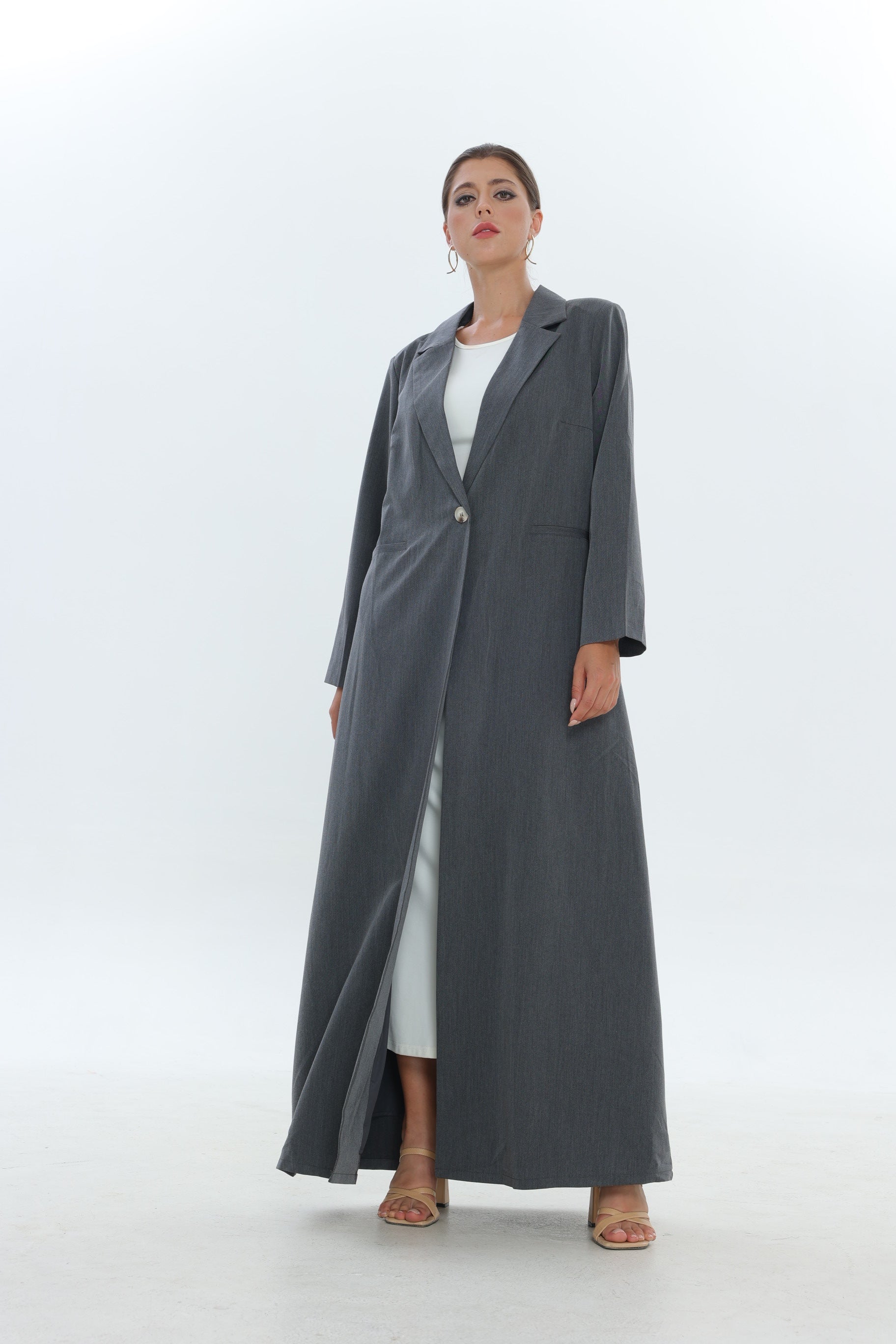Dark Grey Single Button Suit Abaya with Fine Lines