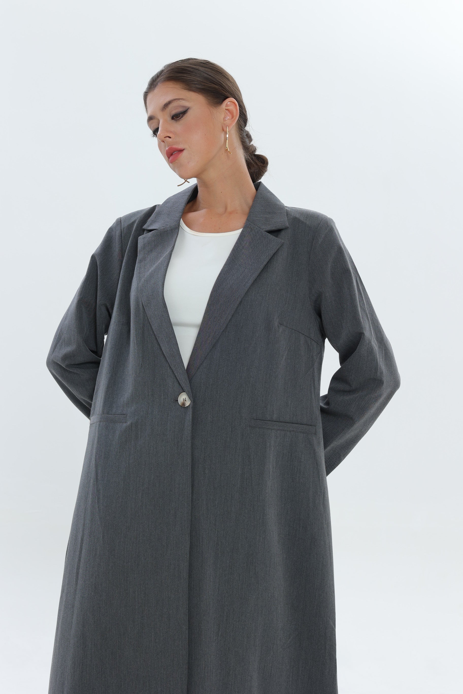 Dark Grey Single Button Suit Abaya with Fine Lines