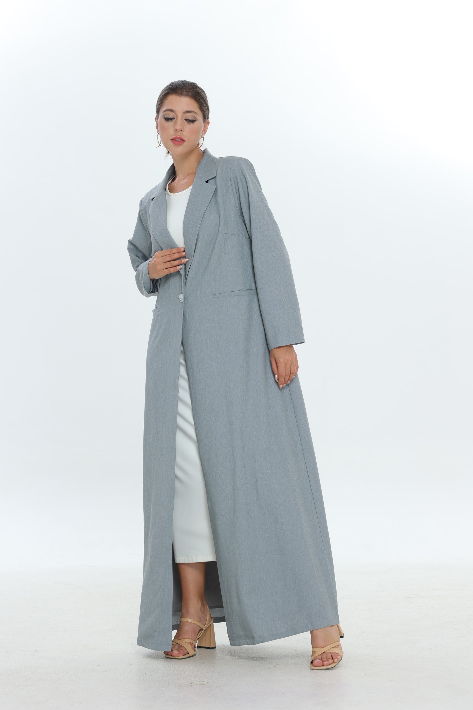 Light Grey Single Button Suit Abaya with Fine Lines