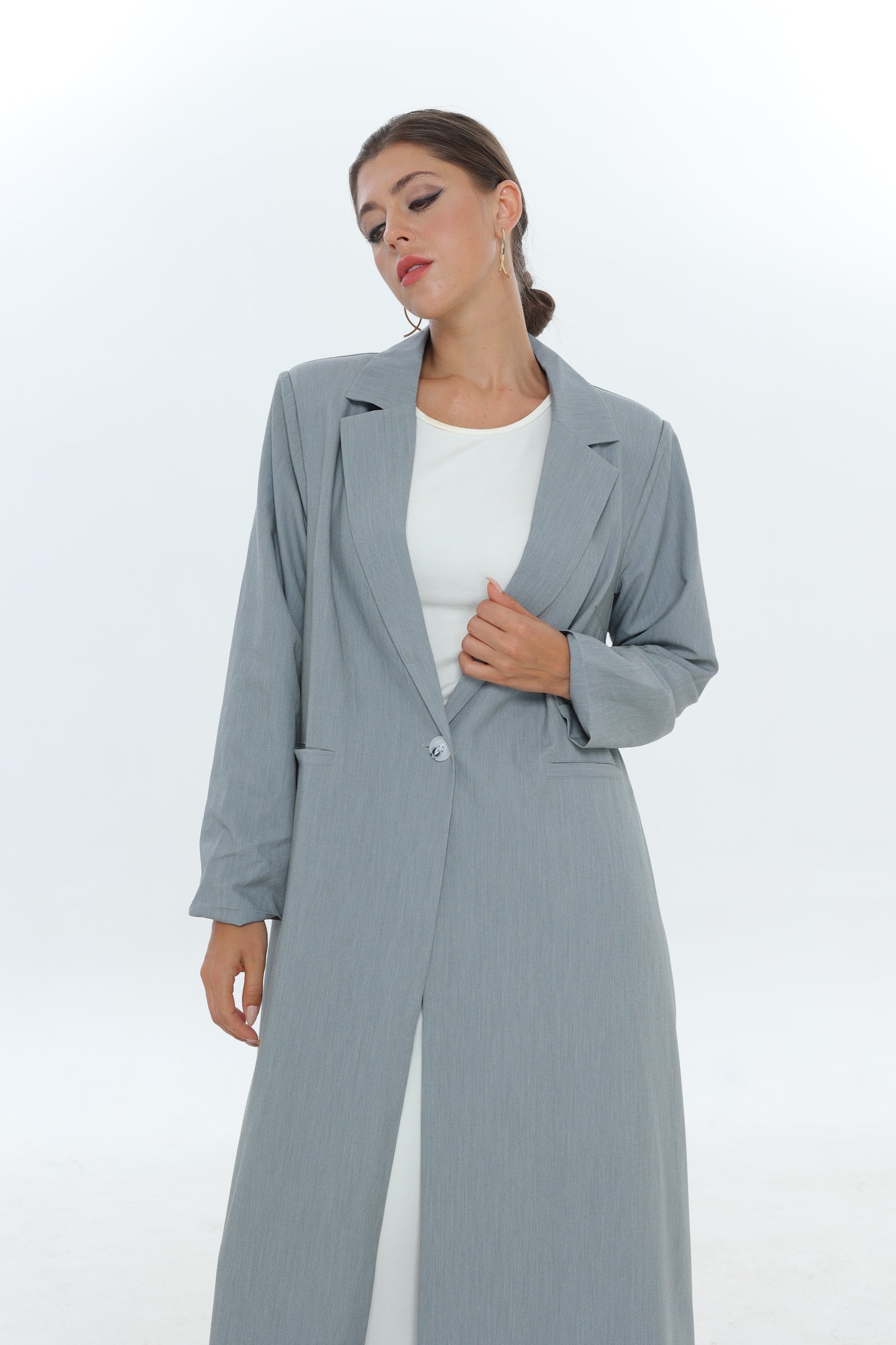 Light Grey Single Button Suit Abaya with Fine Lines