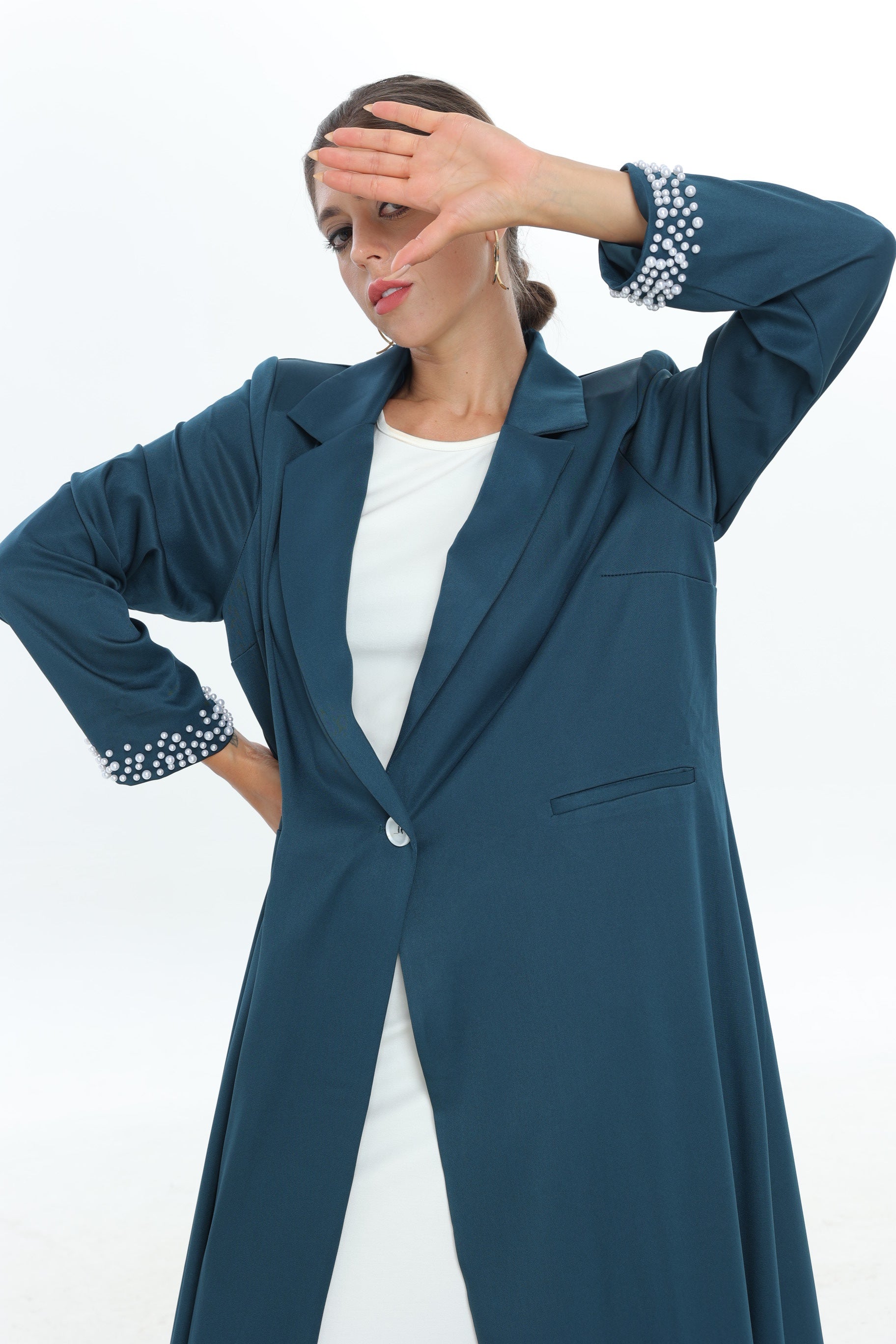 Royal Green Single Button Abaya with Pearl Detail