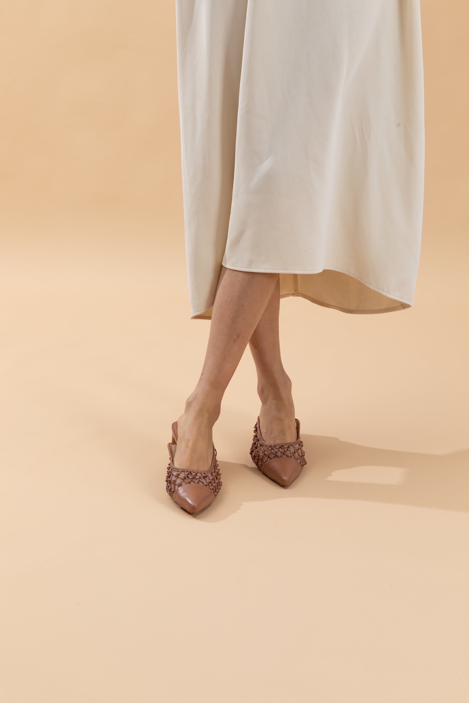 Beige Netted Leather Slip-ons