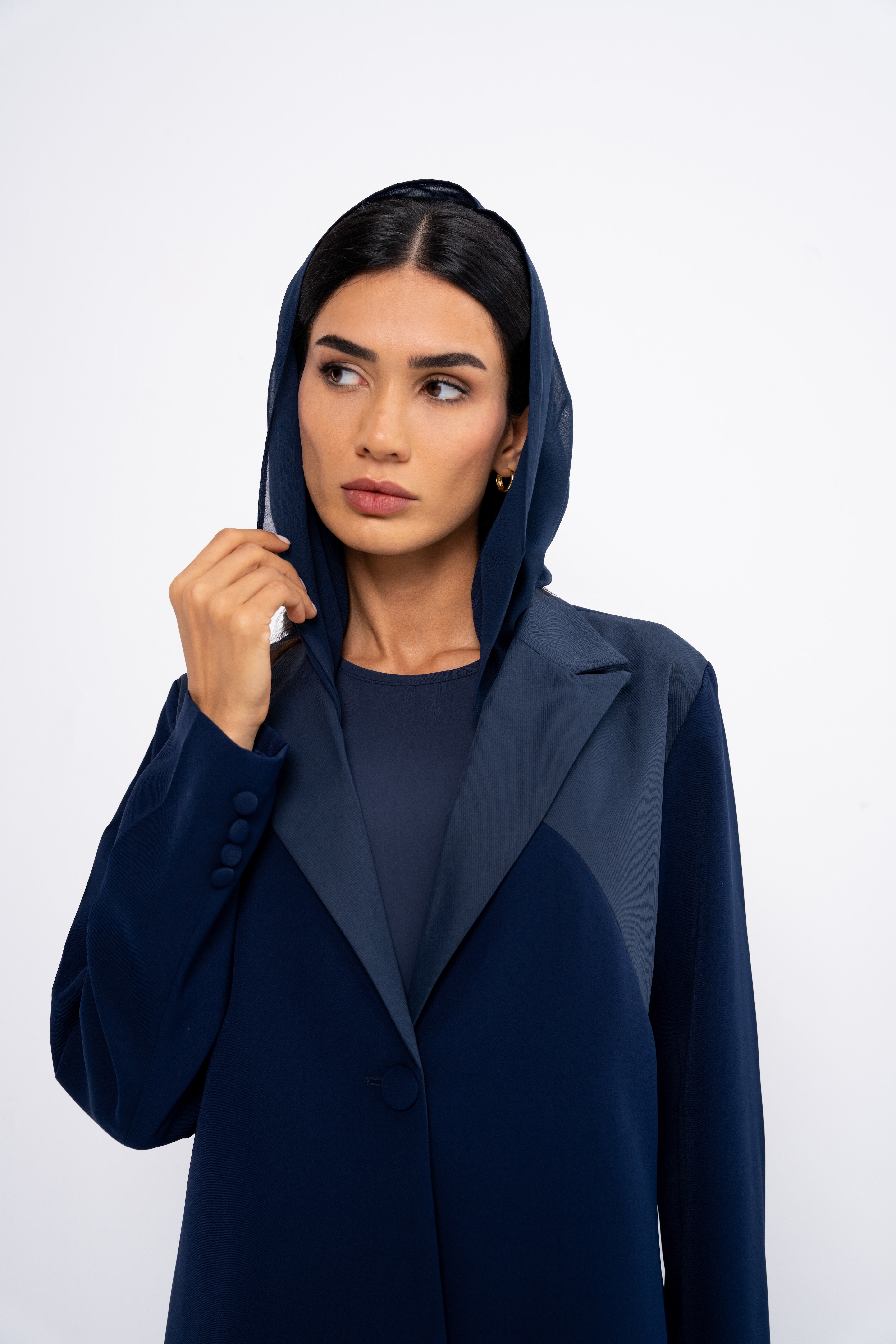 Fabric Block Suit Abaya in Navy Blue