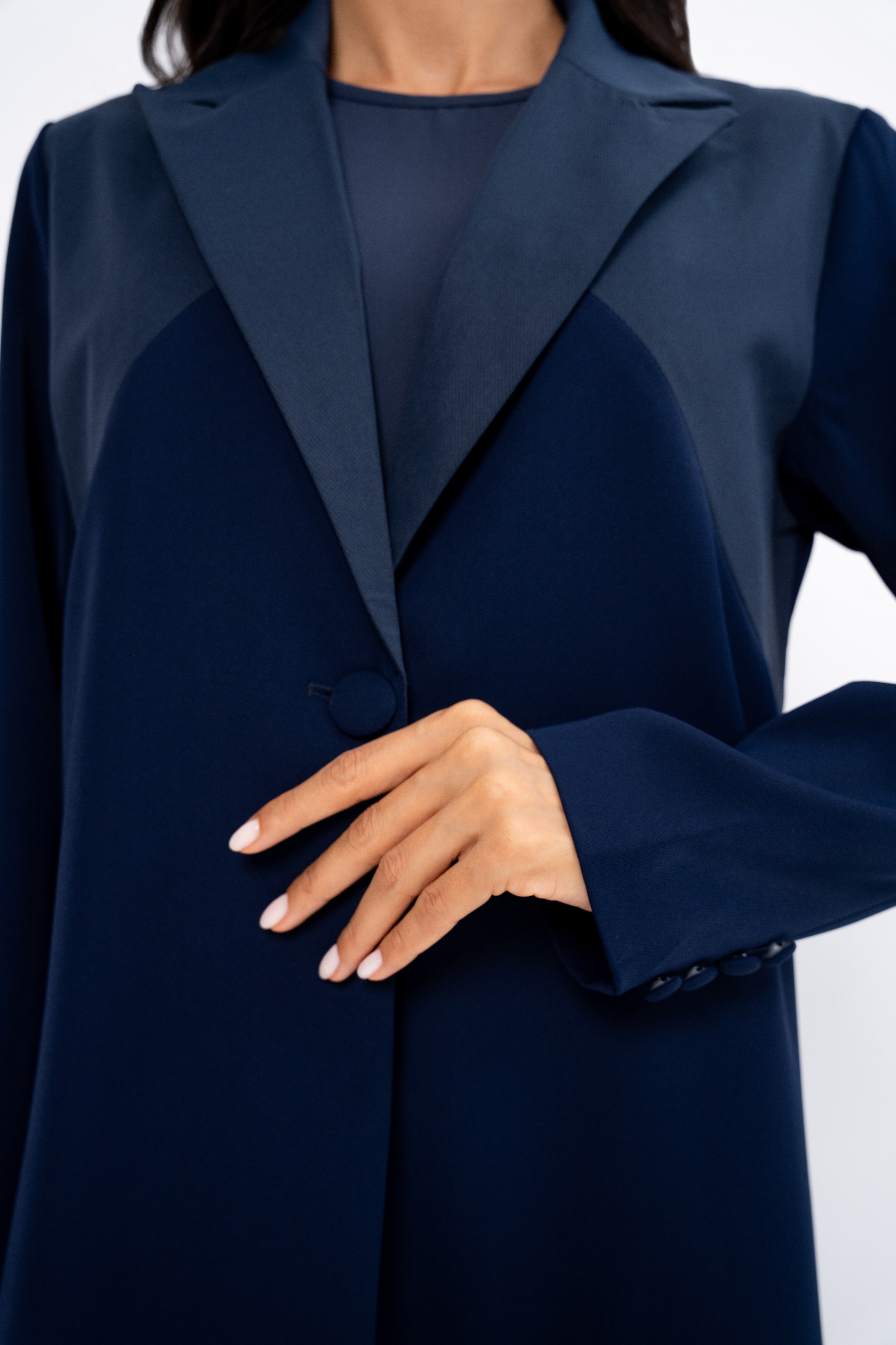 Fabric Block Suit Abaya in Navy Blue