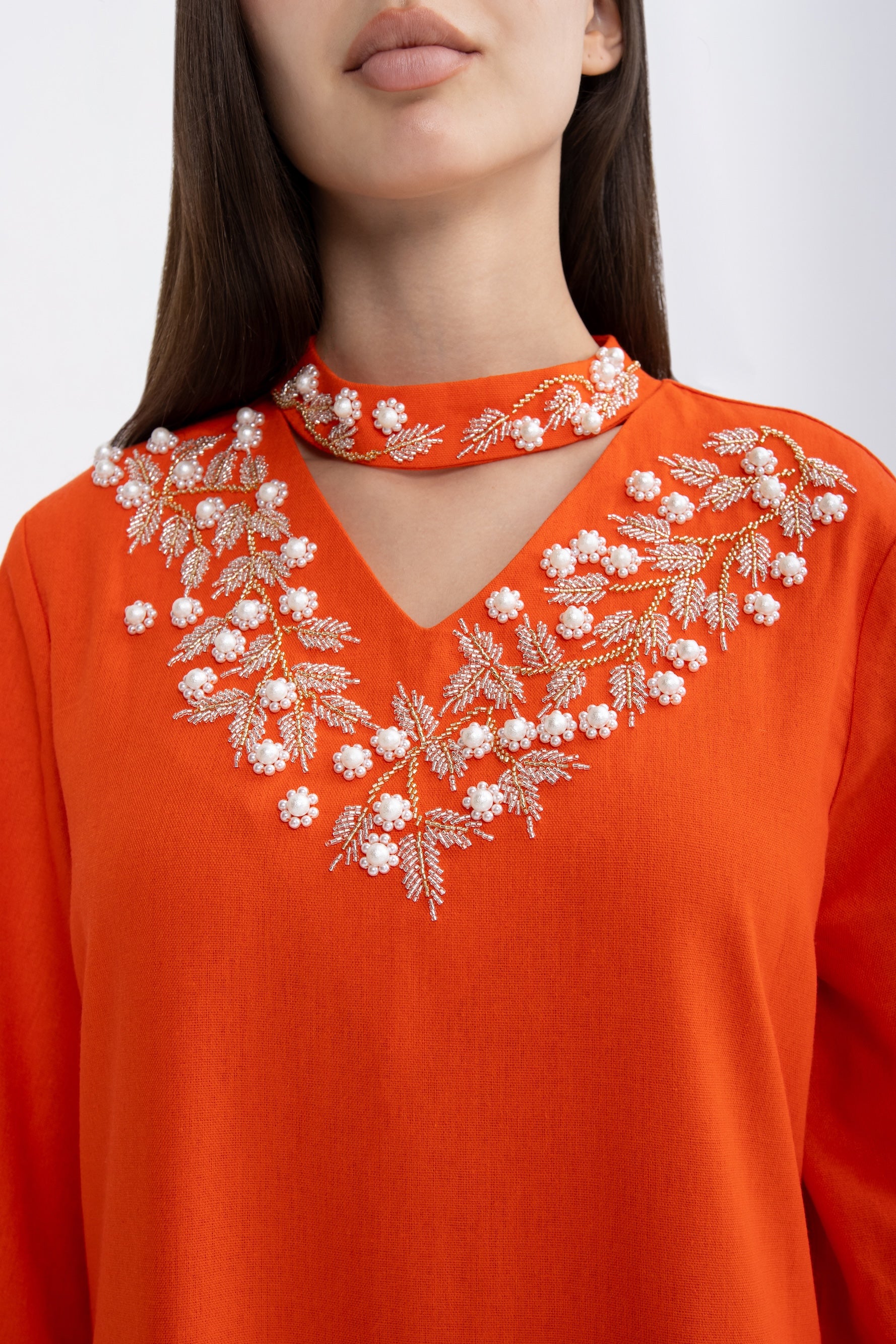 Orange Embellished Collar Jalabiya