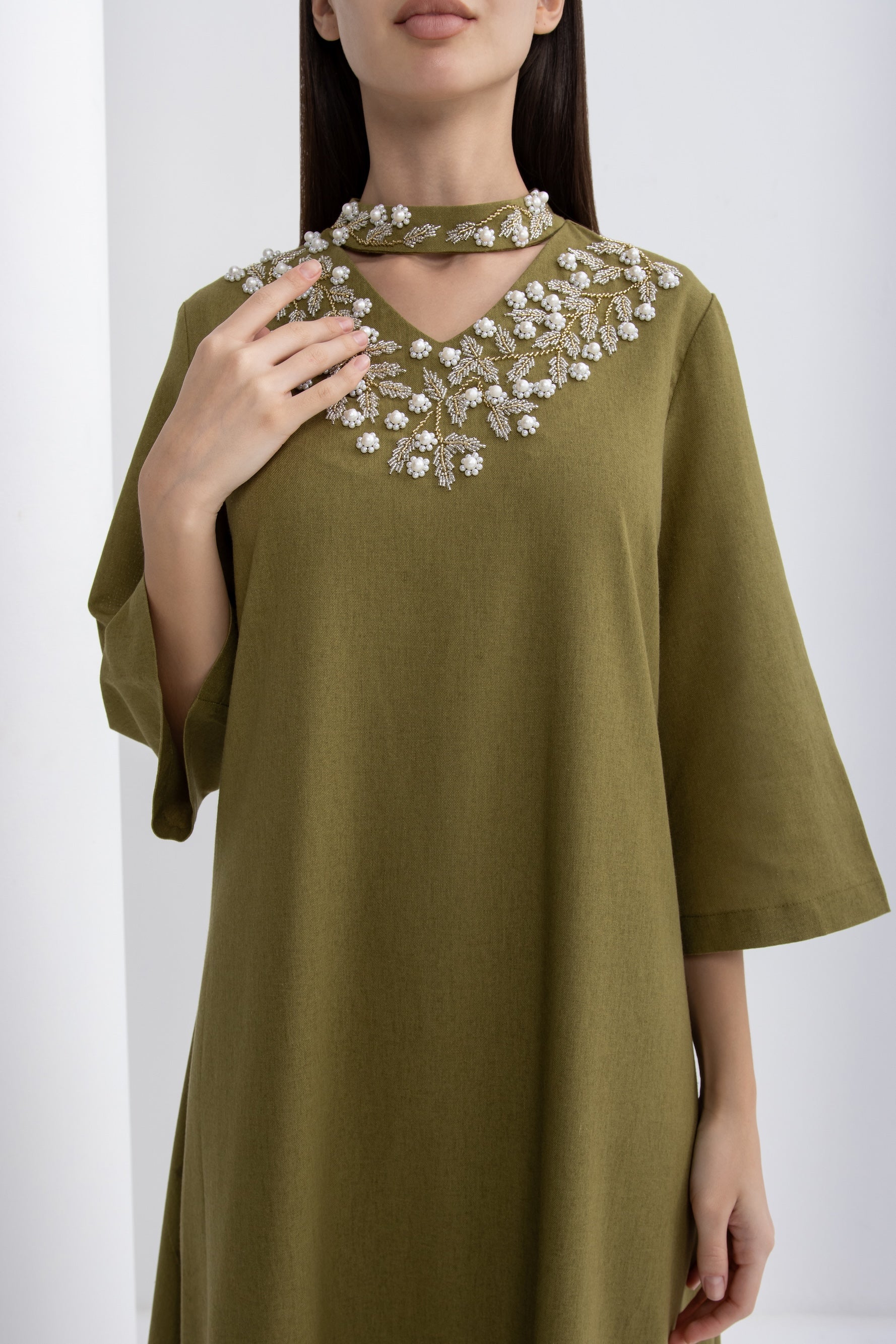 Green Embellished Collar Jalabiya
