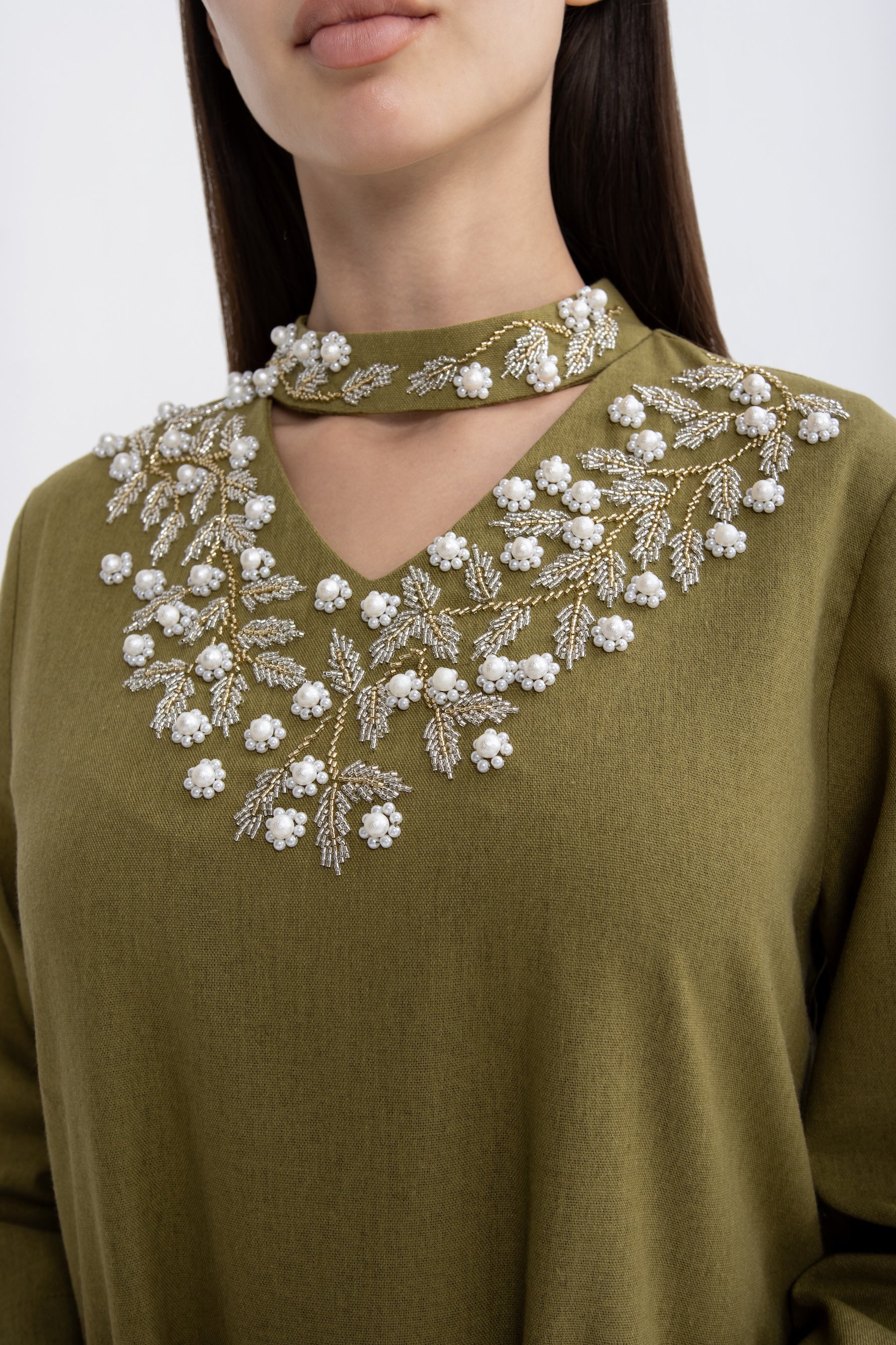 Green Embellished Collar Jalabiya