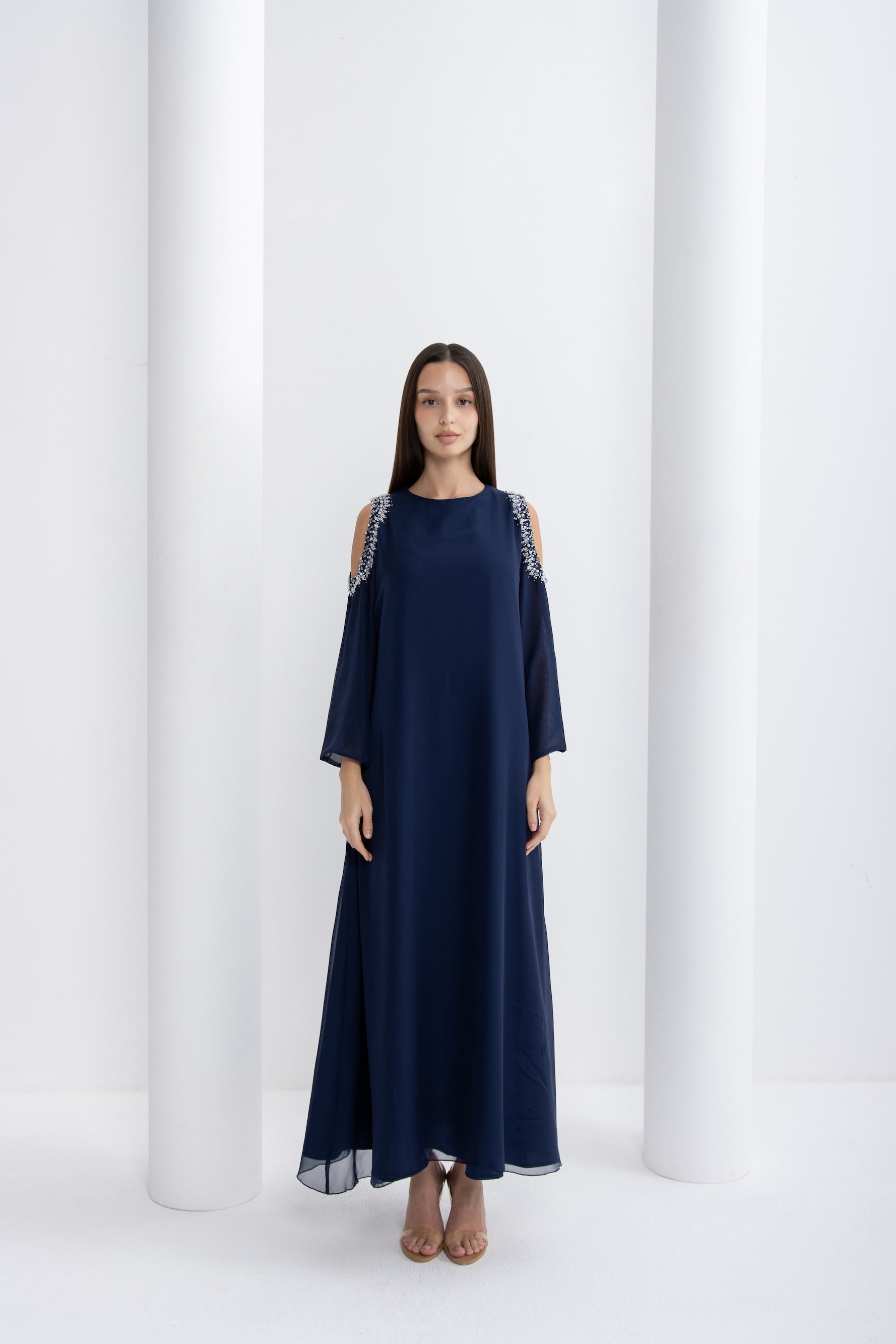 Navy Blue Embellished Cold Shoulder Jalabiya