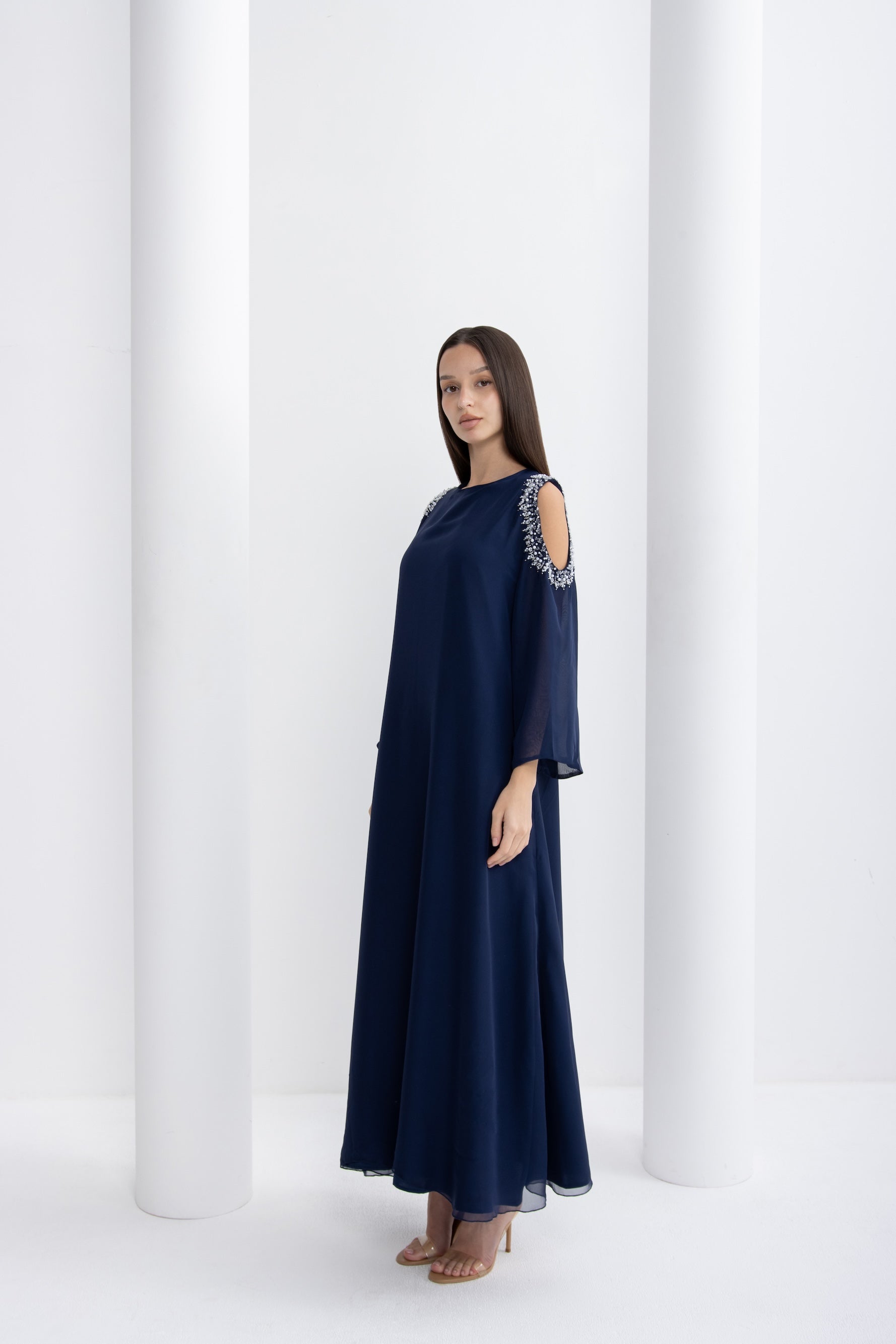 Navy Blue Embellished Cold Shoulder Jalabiya