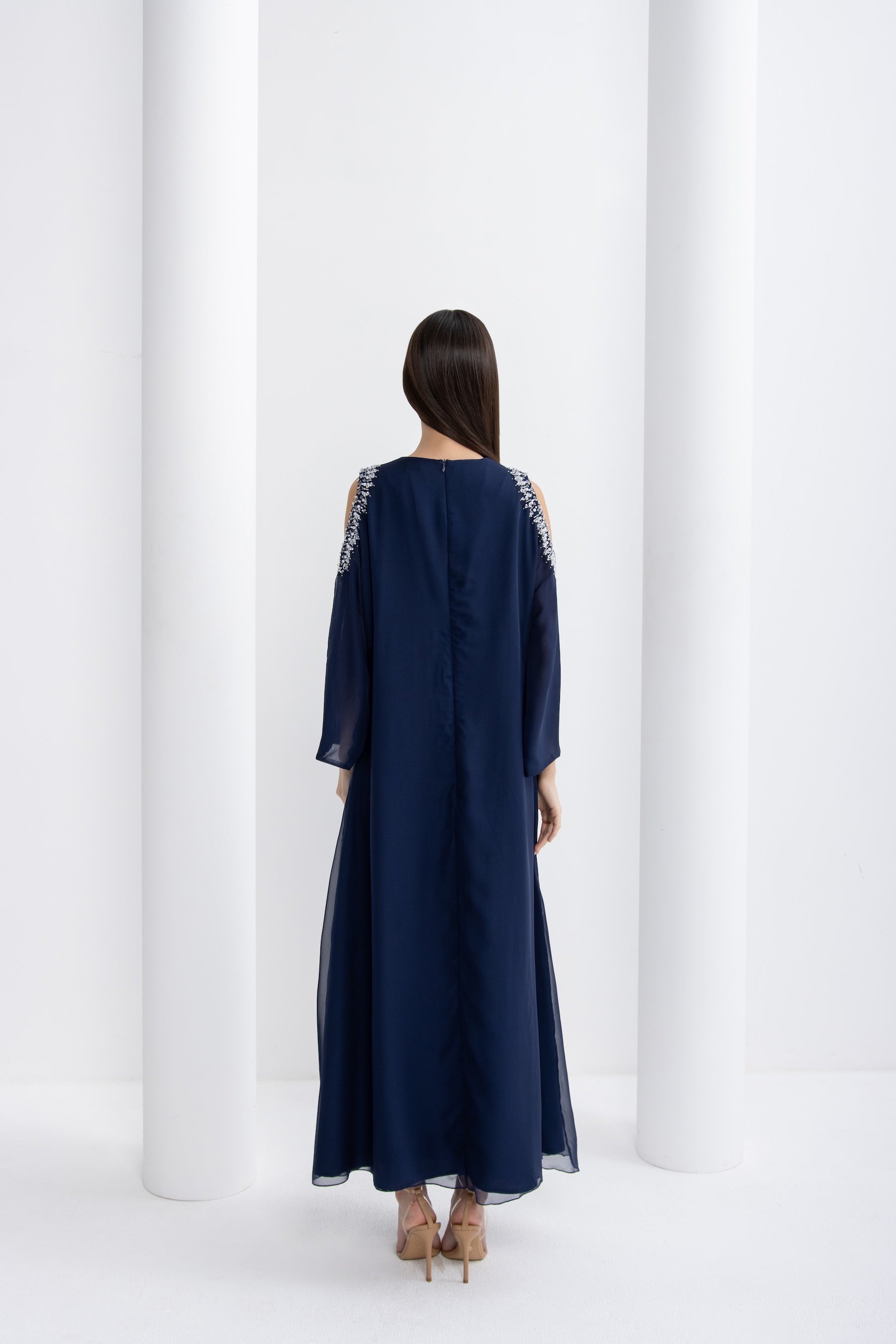 Navy Blue Embellished Cold Shoulder Jalabiya