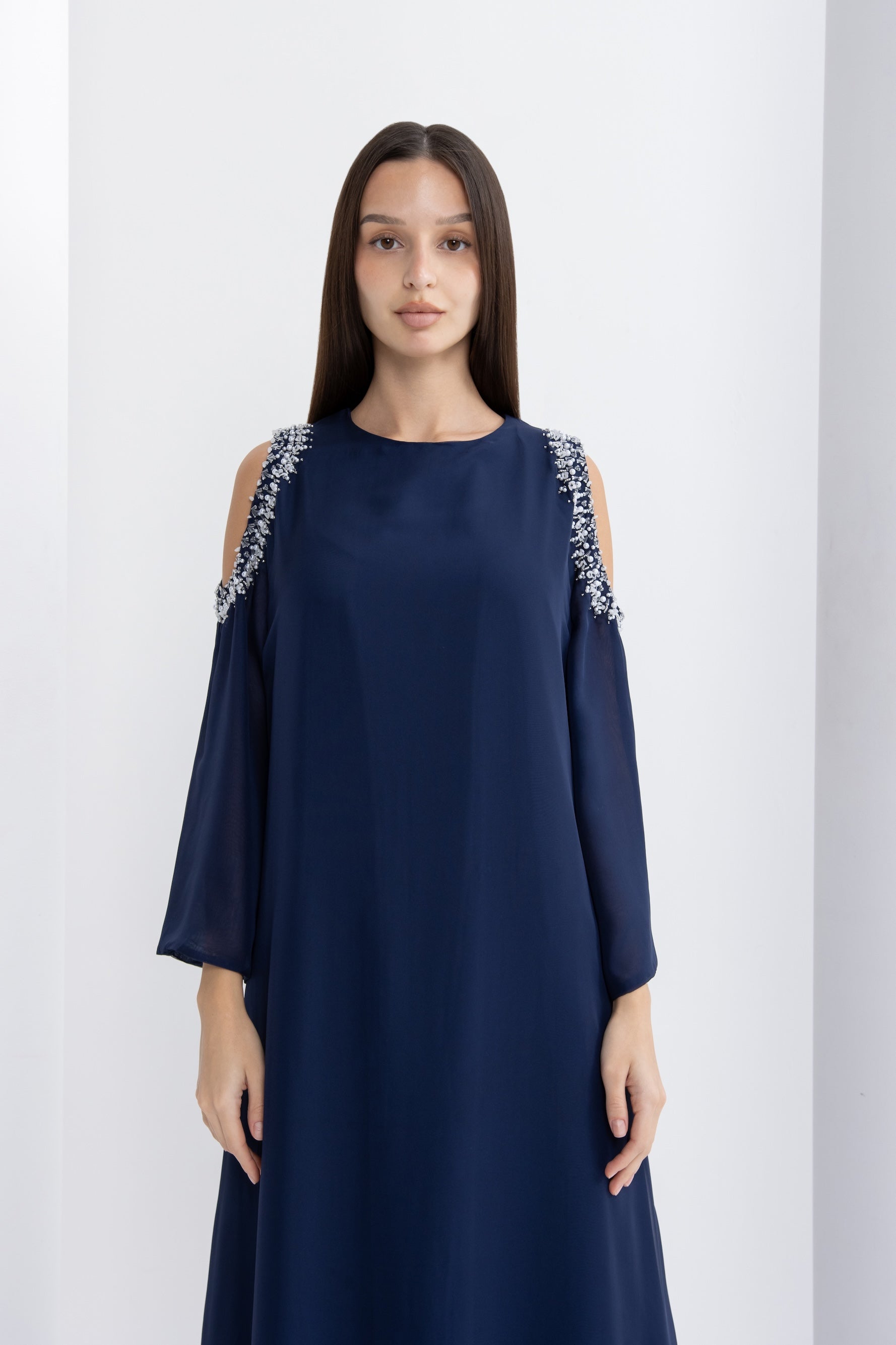 Navy Blue Embellished Cold Shoulder Jalabiya