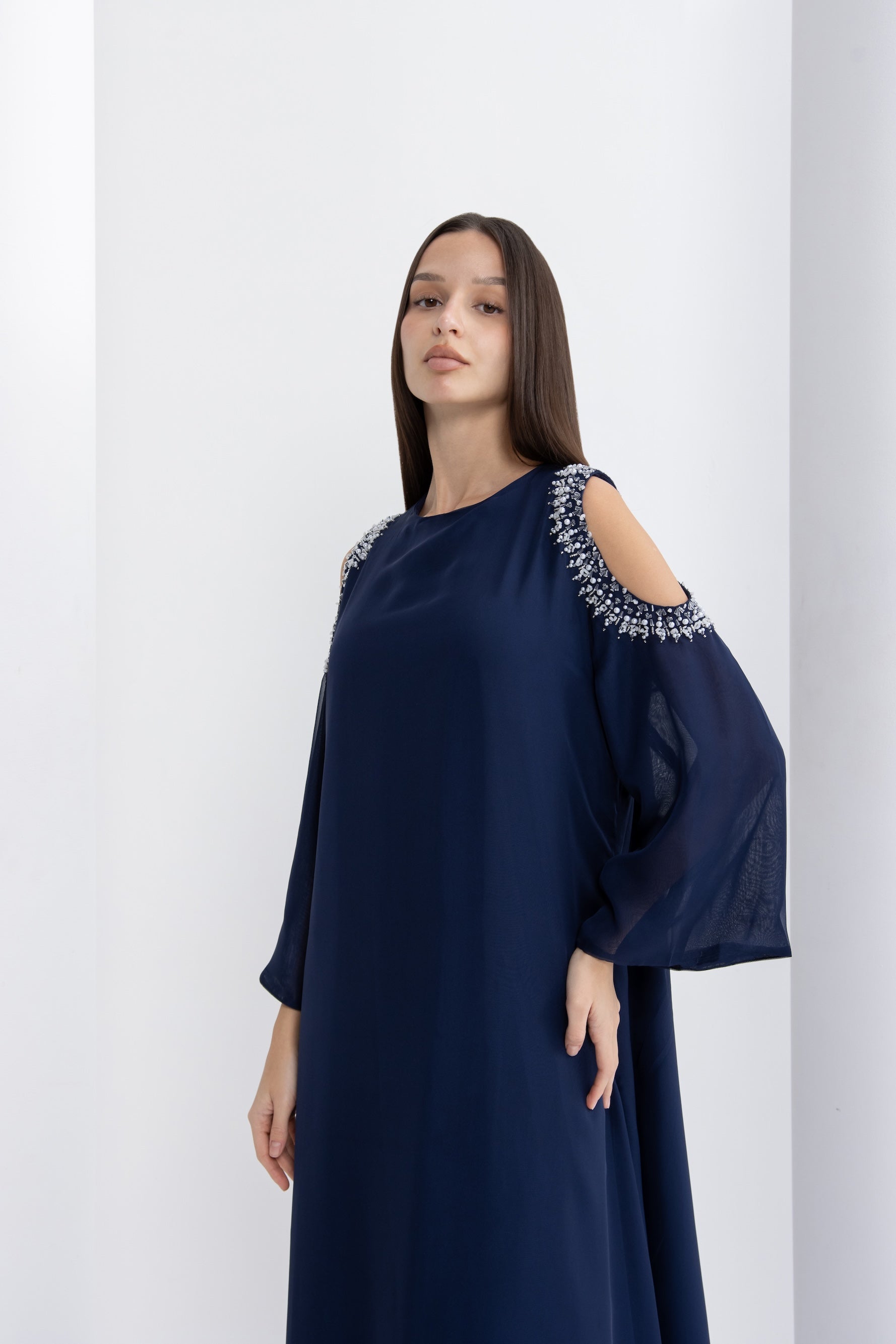 Navy Blue Embellished Cold Shoulder Jalabiya