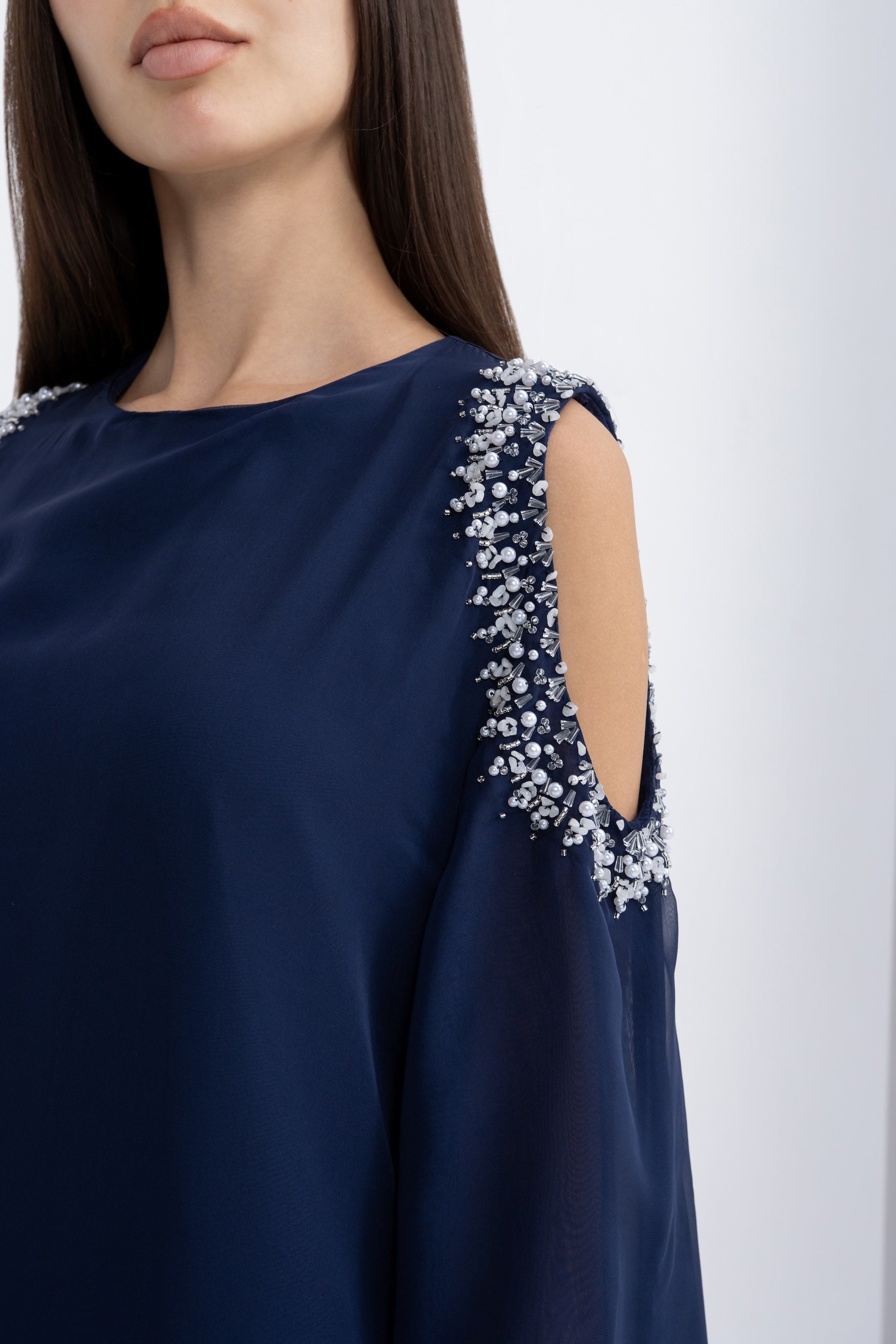 Navy Blue Embellished Cold Shoulder Jalabiya