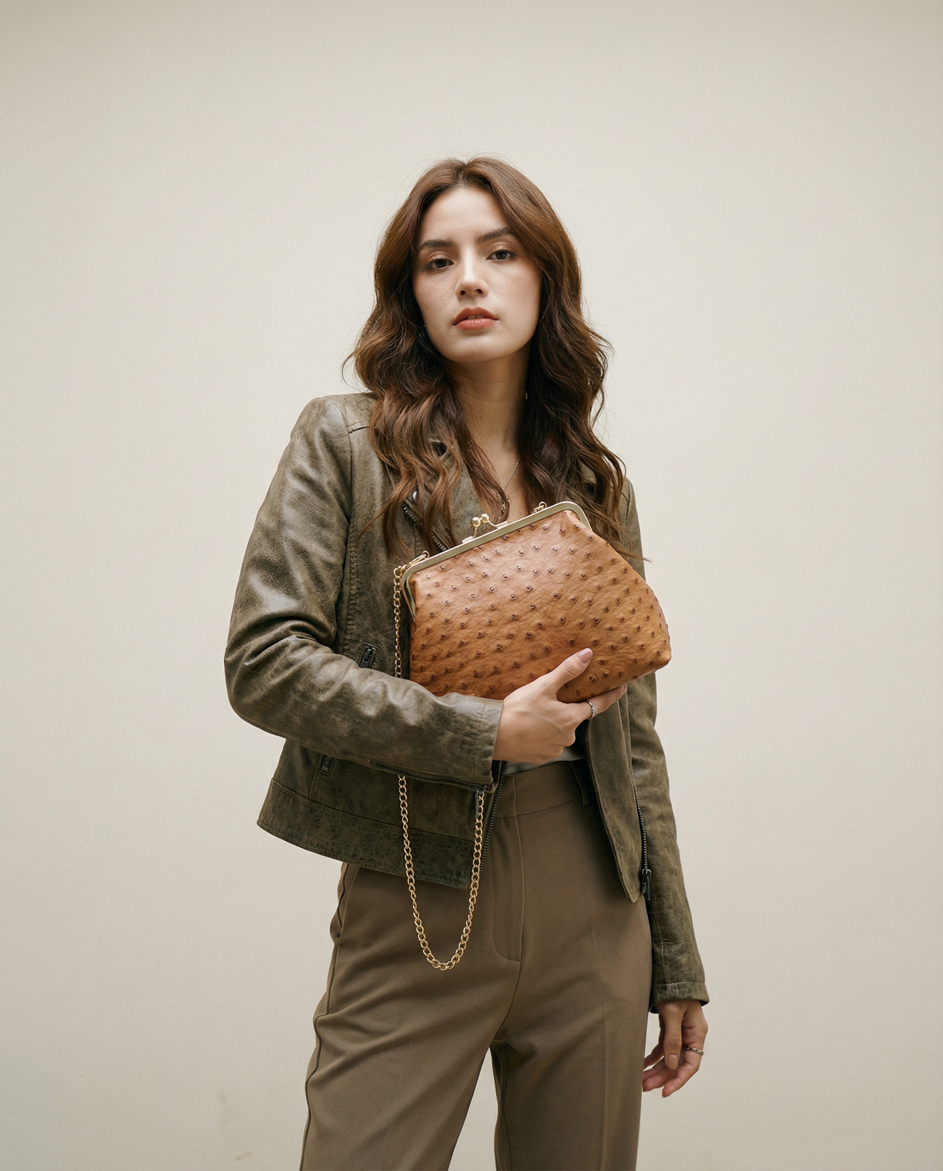 Metal Lock & Kiss Clutch in Brown
