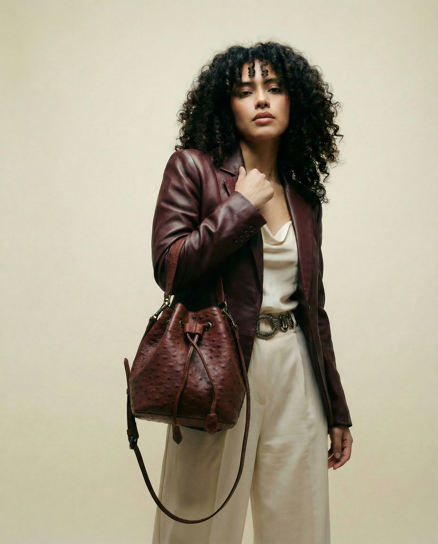 Burgundy Ostrich Bucket Bag