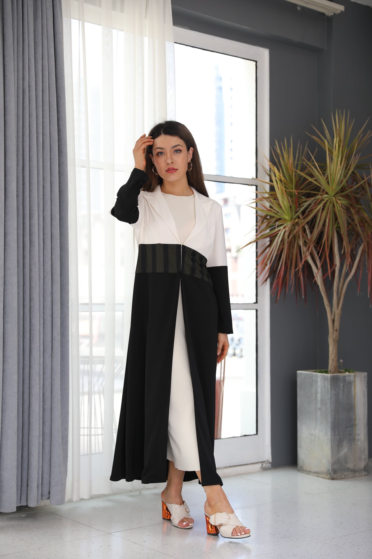 Striped Mesh Colour Block Abaya