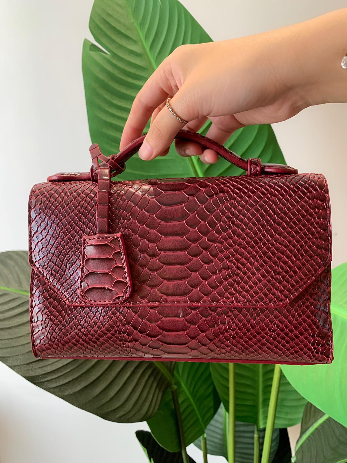 Burgundy Snakeskin Leather Handbag in Large