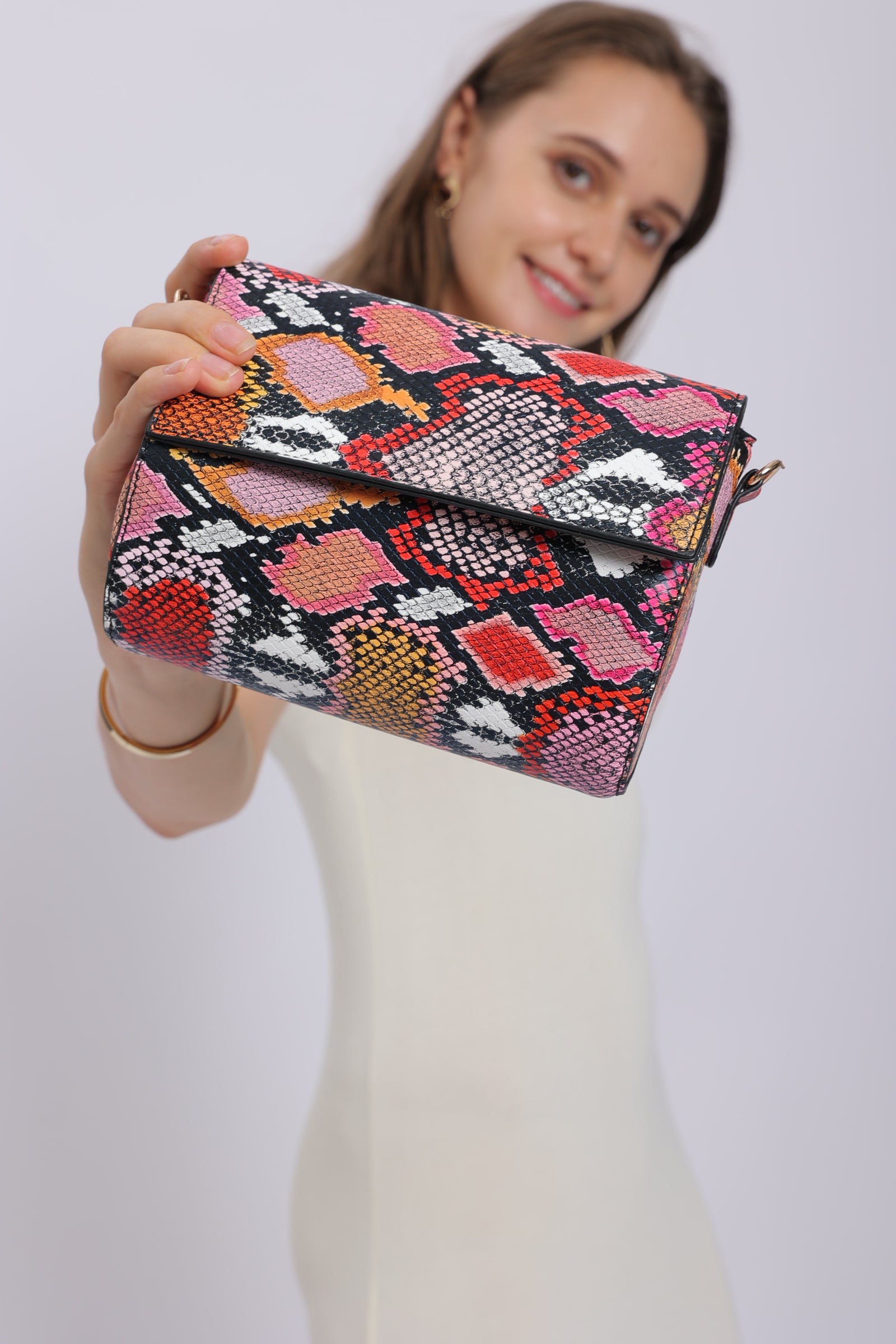 Mini Clutch with Crossbody Strap in Multicolour (Red)