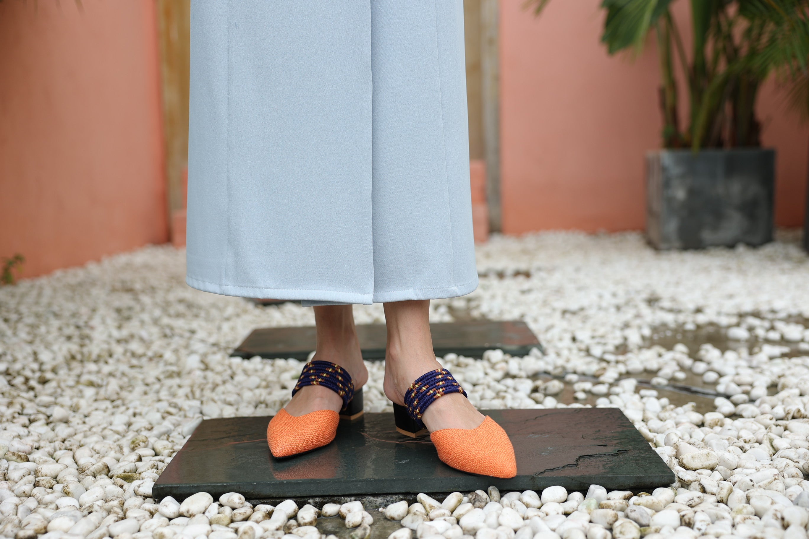 Purple Orange Fabric Short Heels with Strap