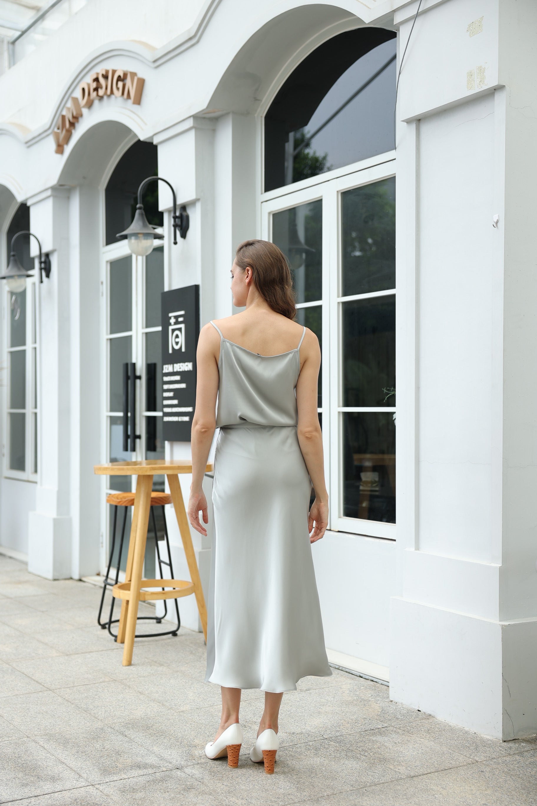 Grey Silk Top and Skirt Set