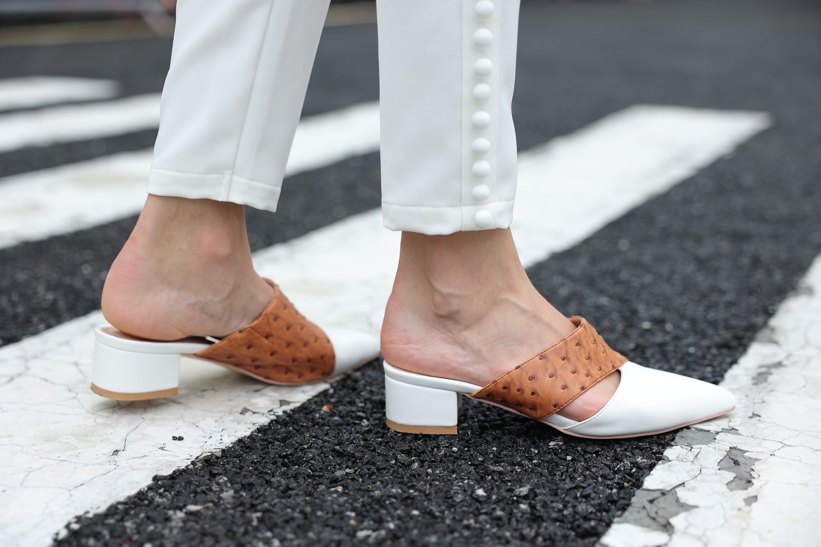 Brown Ostrich Color Block Short Heels