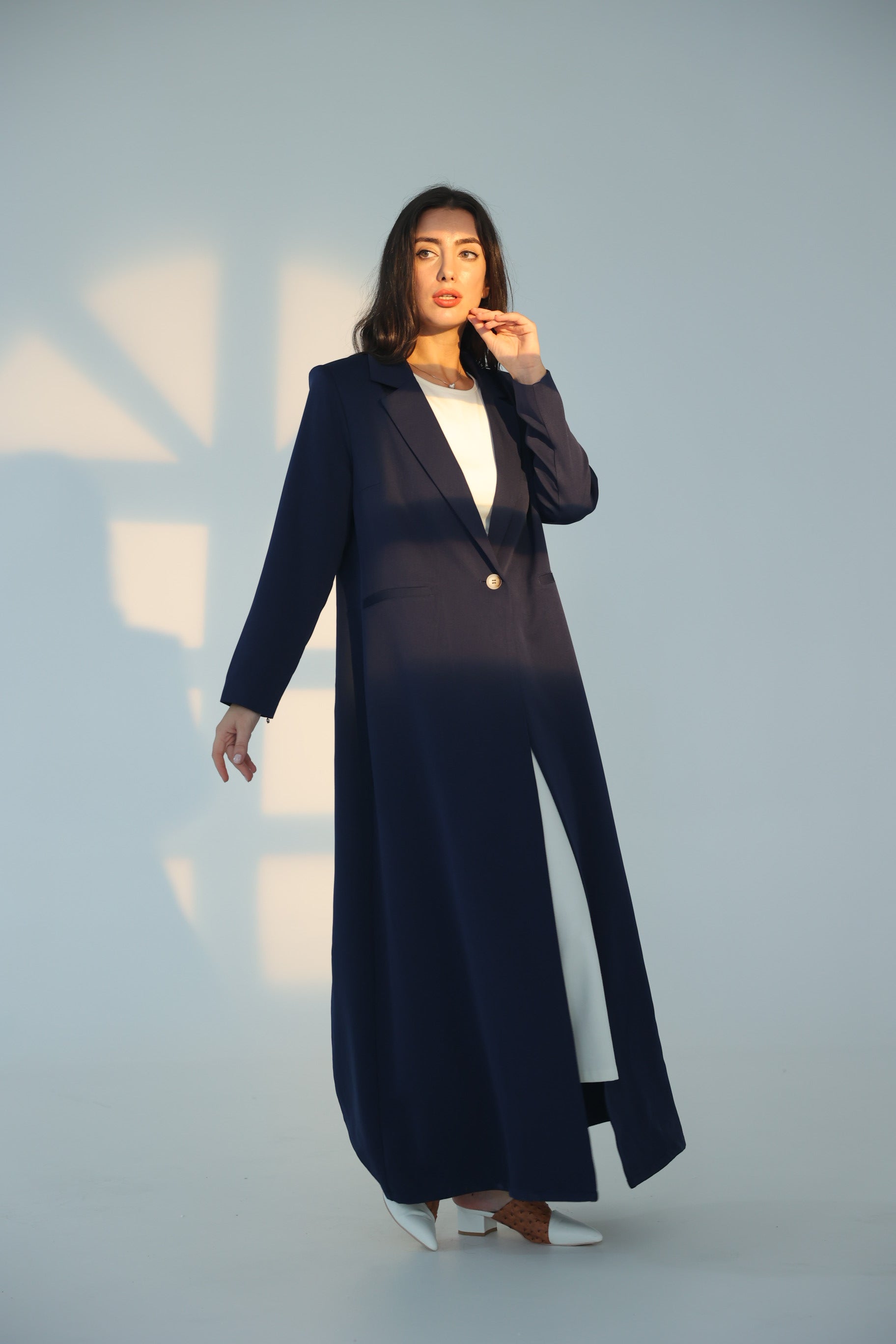 Navy Blue Single Button Suit Abaya with Shoulder Pad