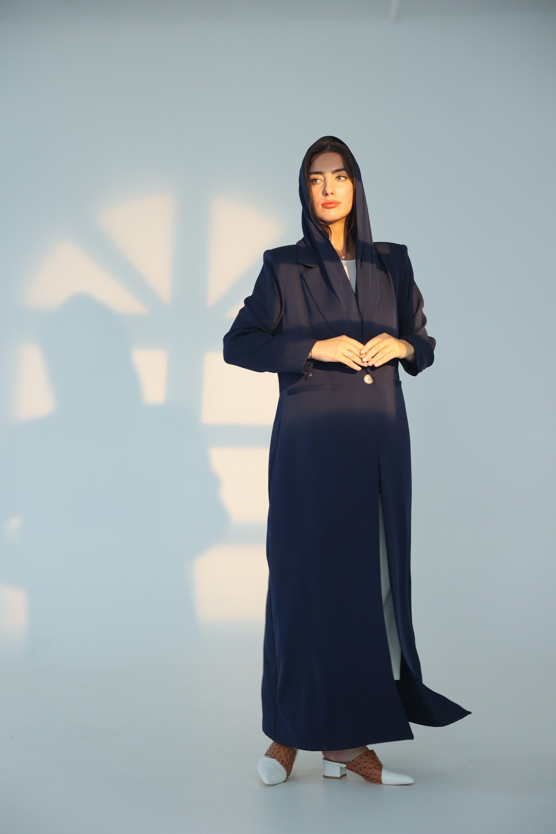 Navy Blue Single Button Suit Abaya with Shoulder Pad