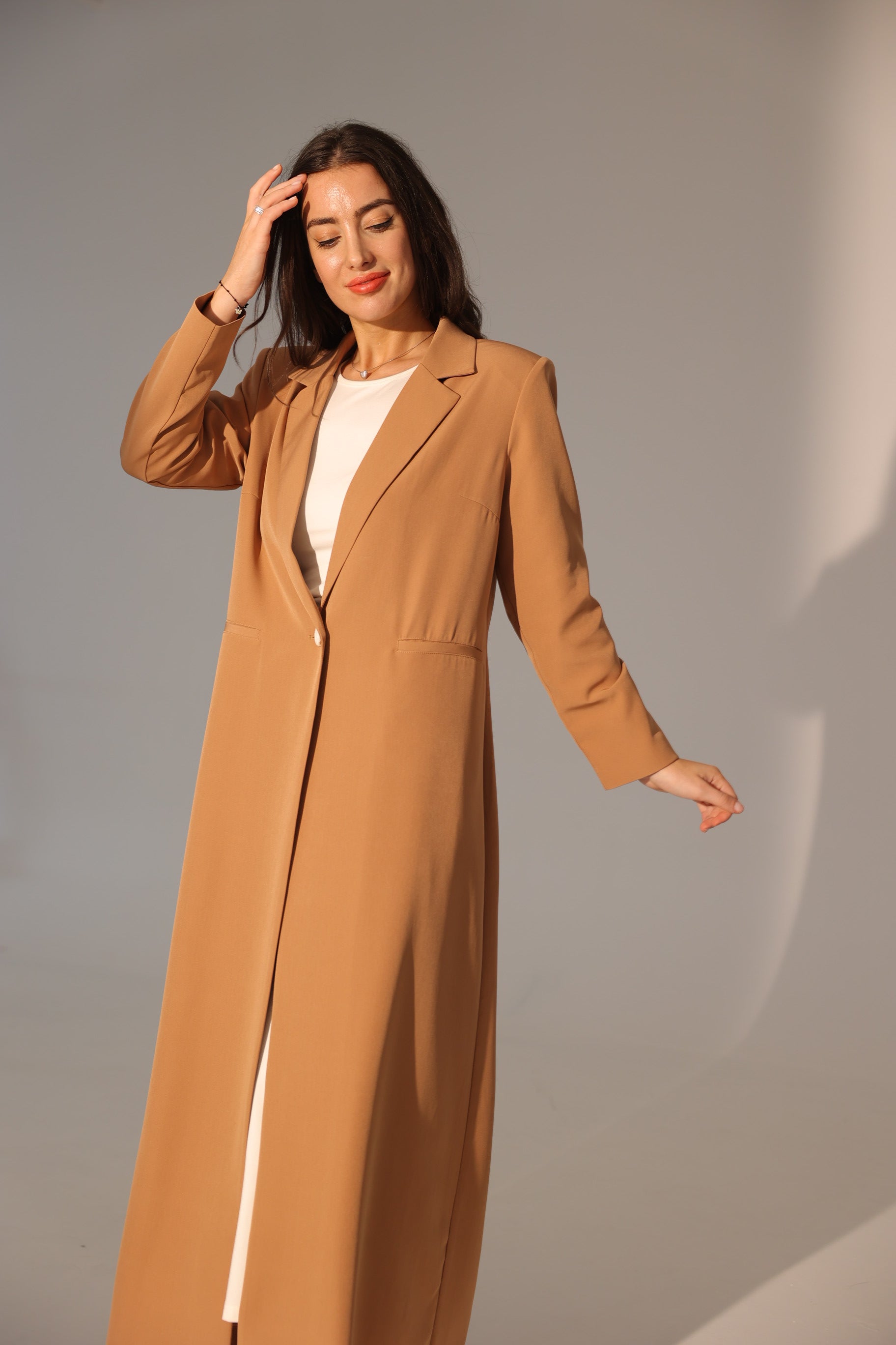 Light Brown Single Button Suit Abaya with Shoulder Pad