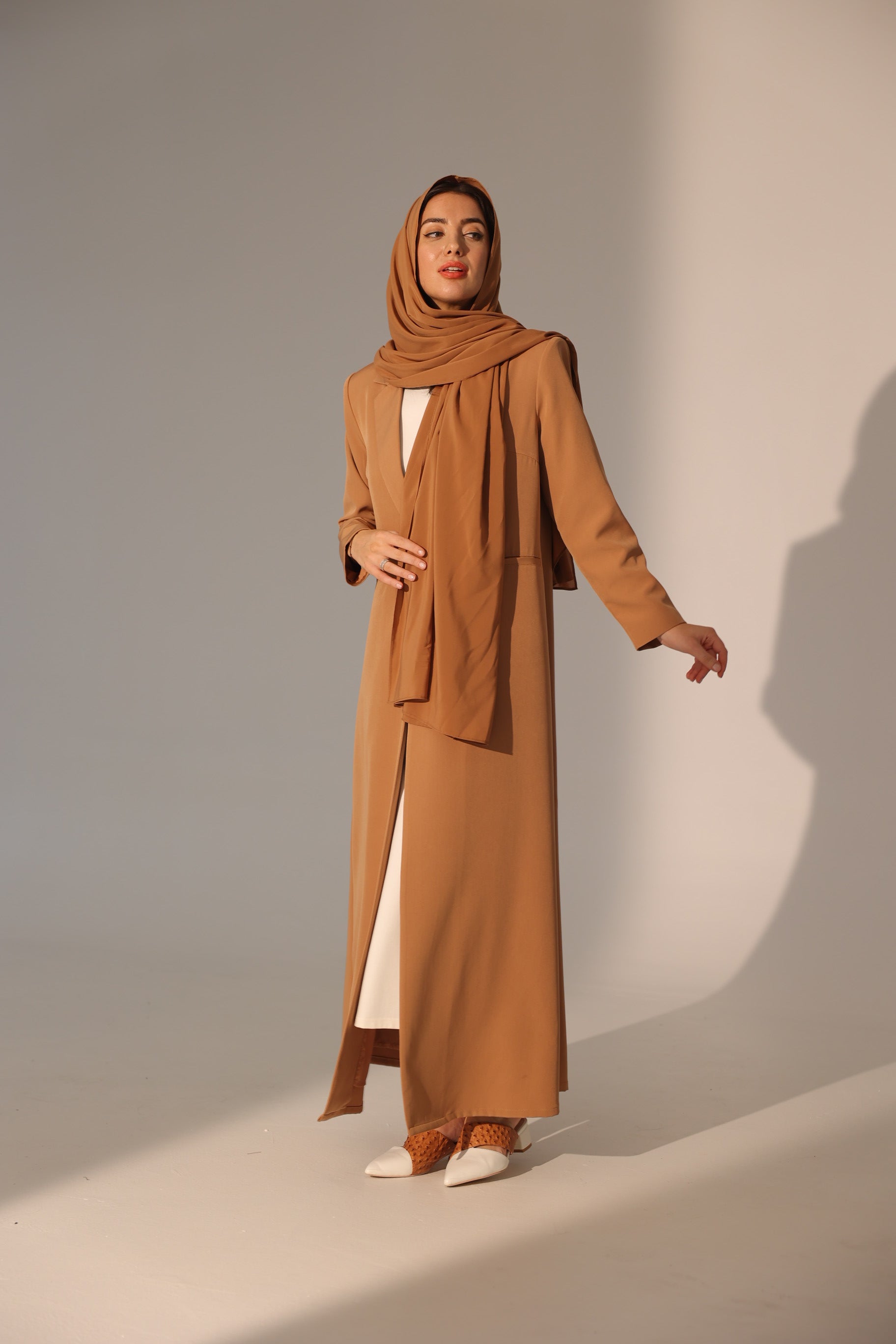 Light Brown Single Button Suit Abaya with Shoulder Pad