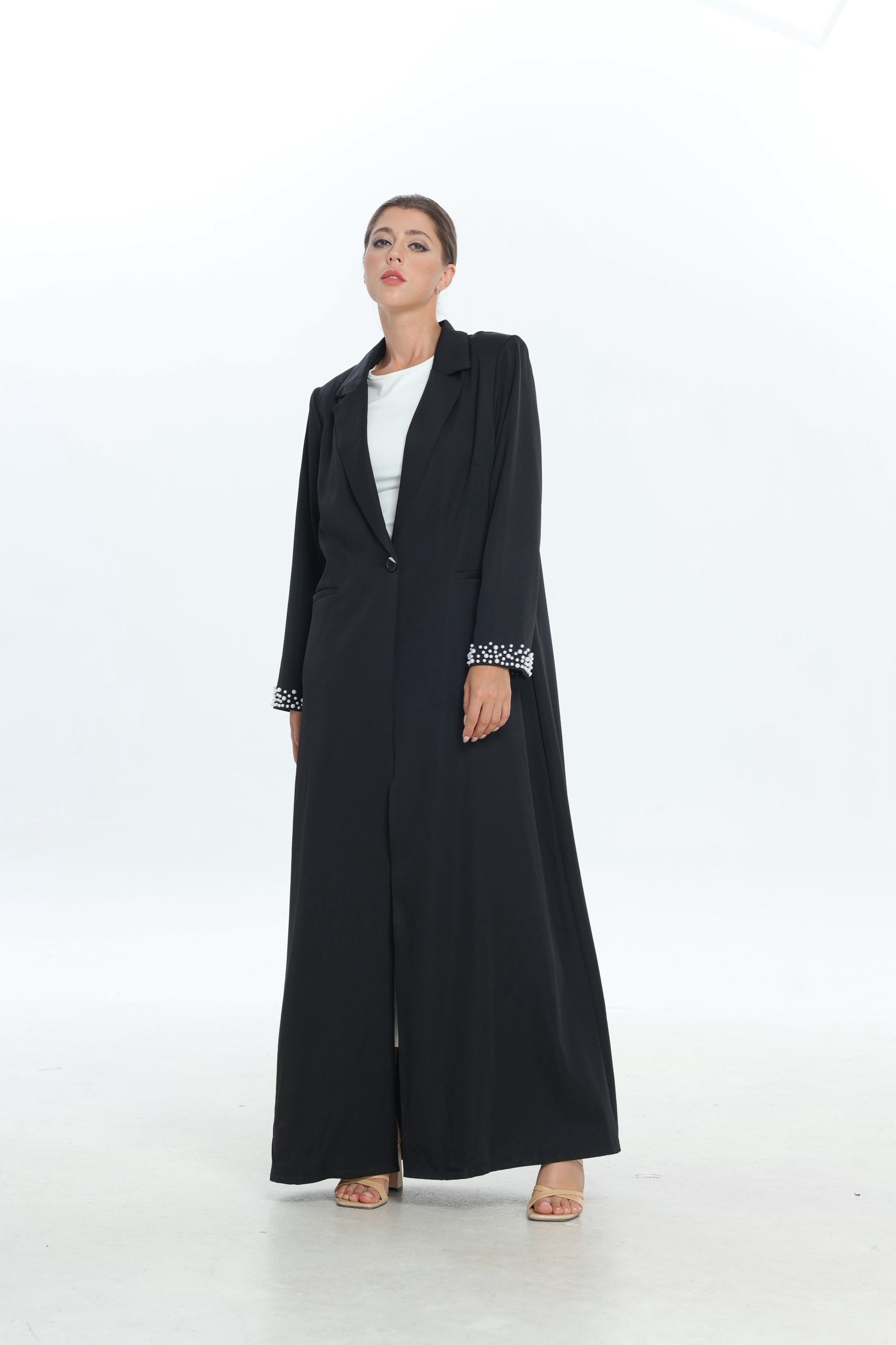 Black Single Button Abaya with Pearl Detail