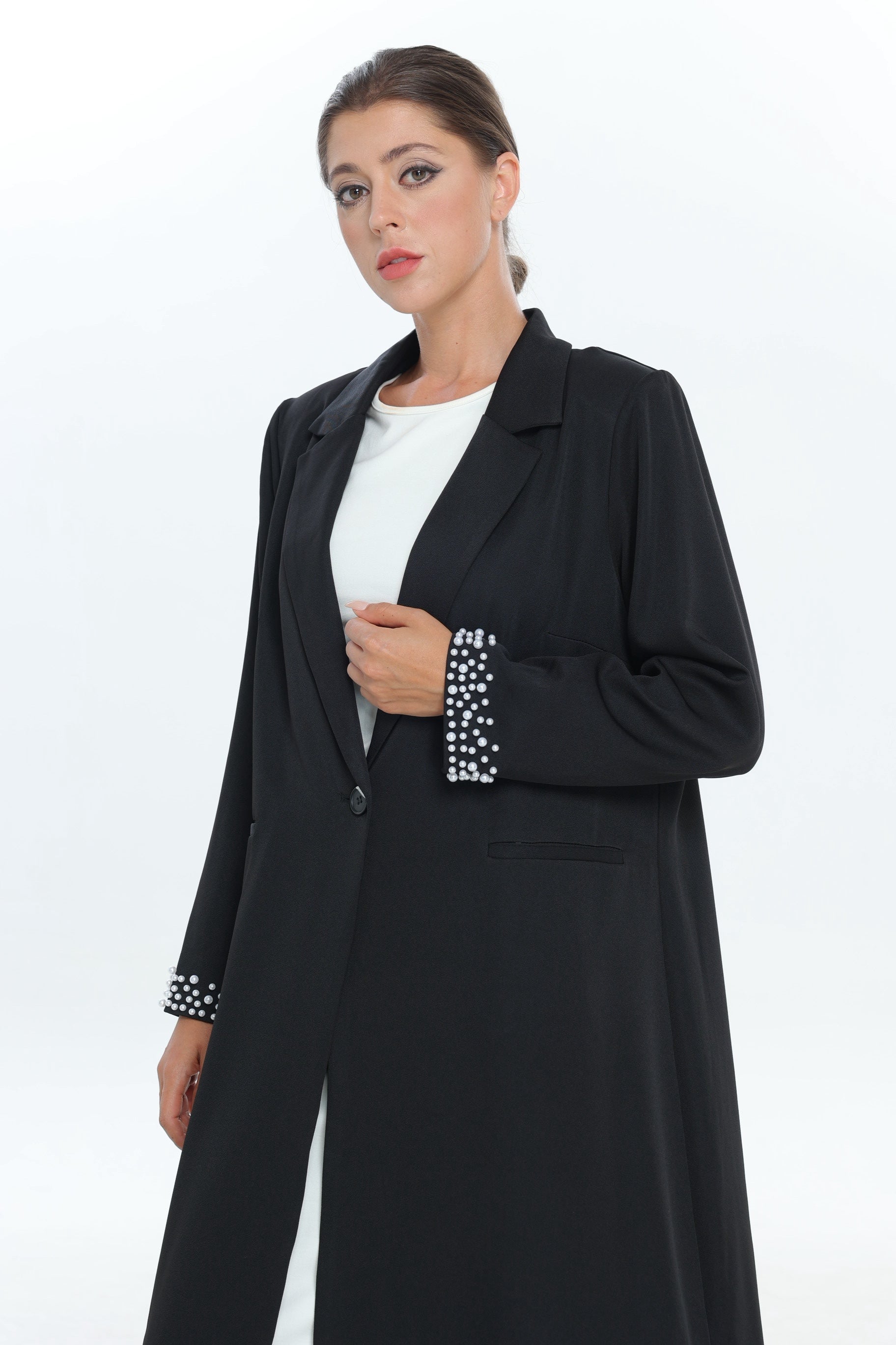 Black Single Button Abaya with Pearl Detail