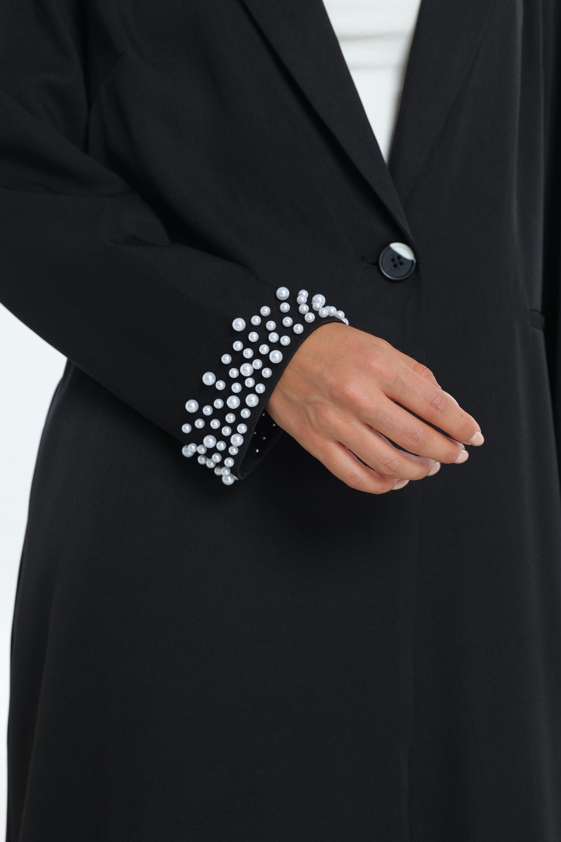 Black Single Button Abaya with Pearl Detail