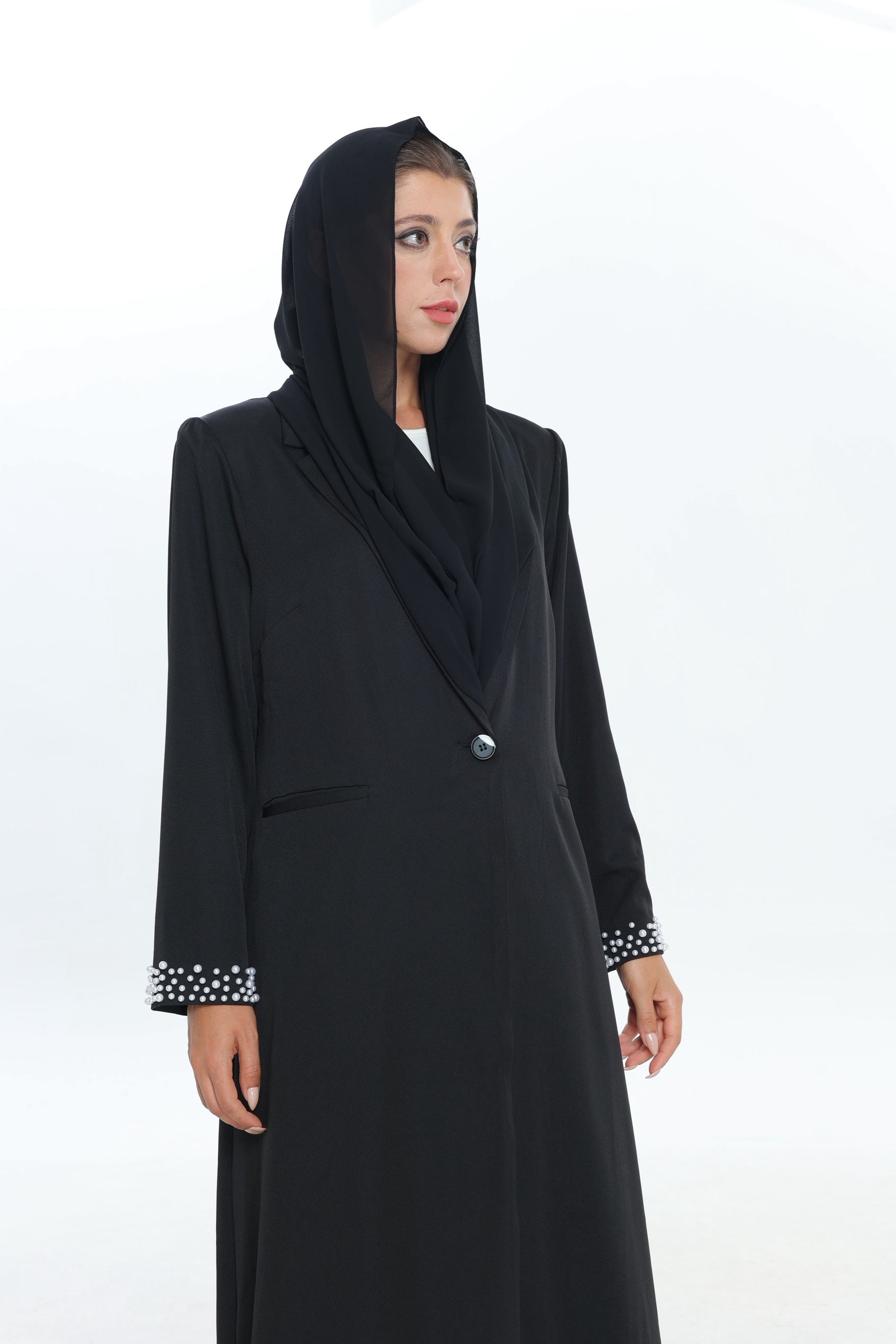 Black Single Button Abaya with Pearl Detail