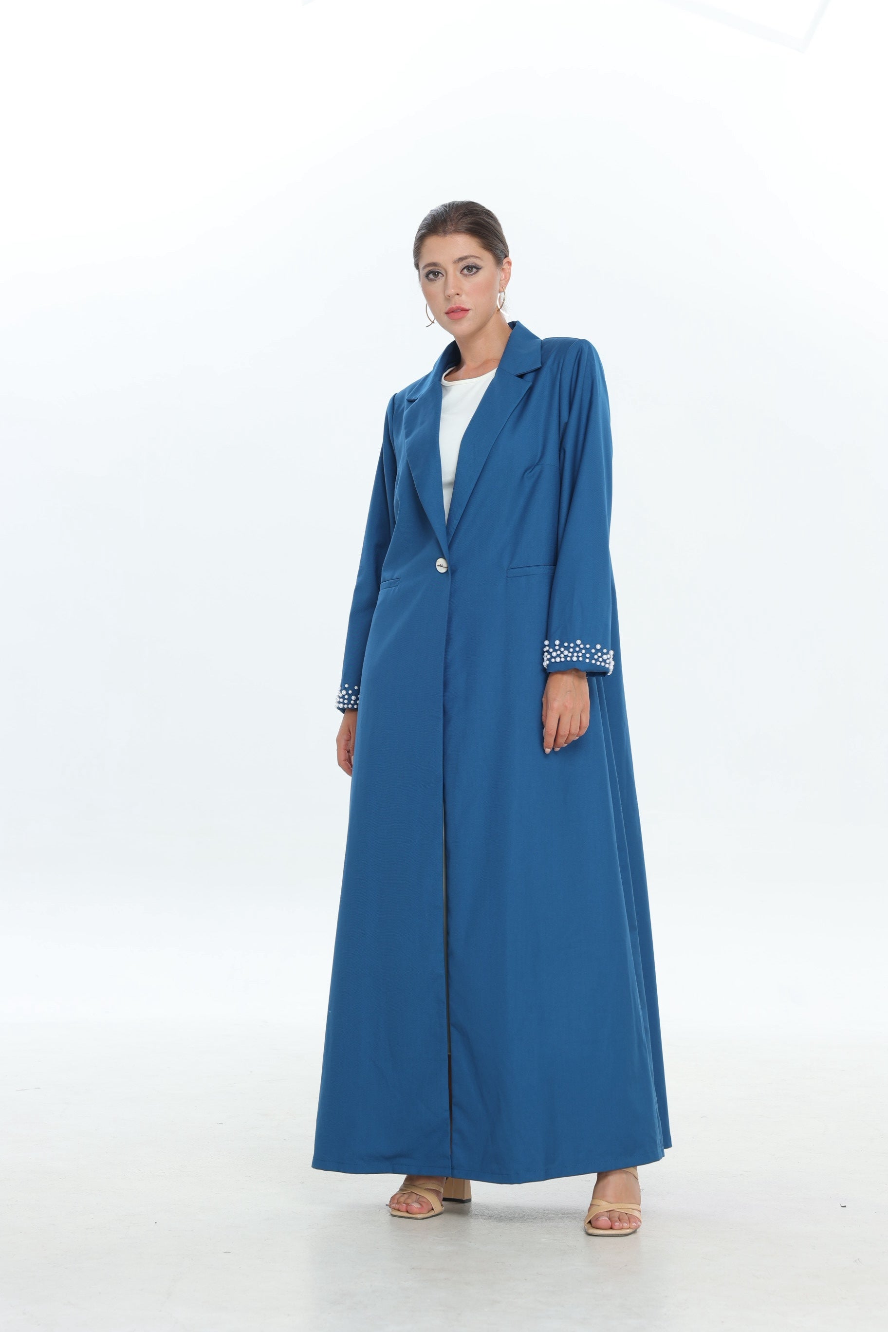 Blue Single Button Abaya with Pearl Detail