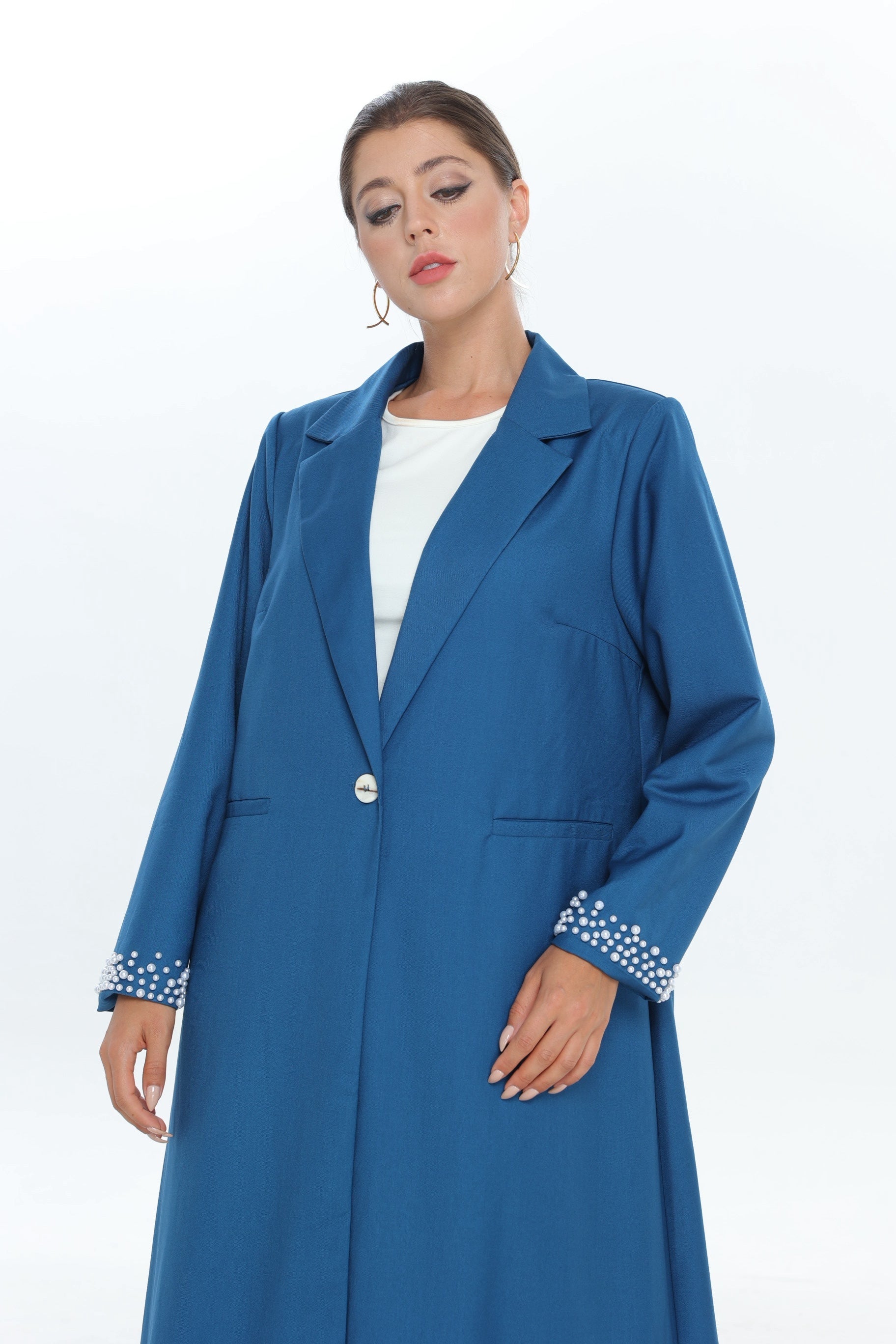 Blue Single Button Abaya with Pearl Detail