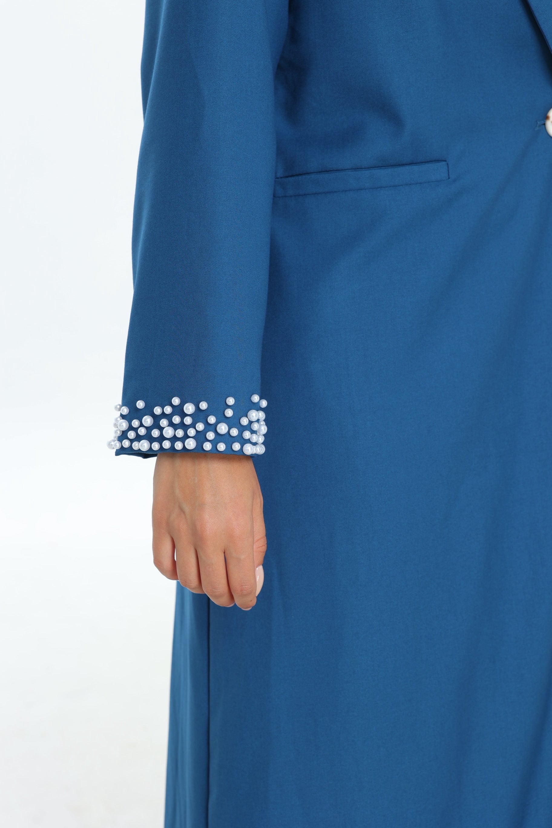 Blue Single Button Abaya with Pearl Detail