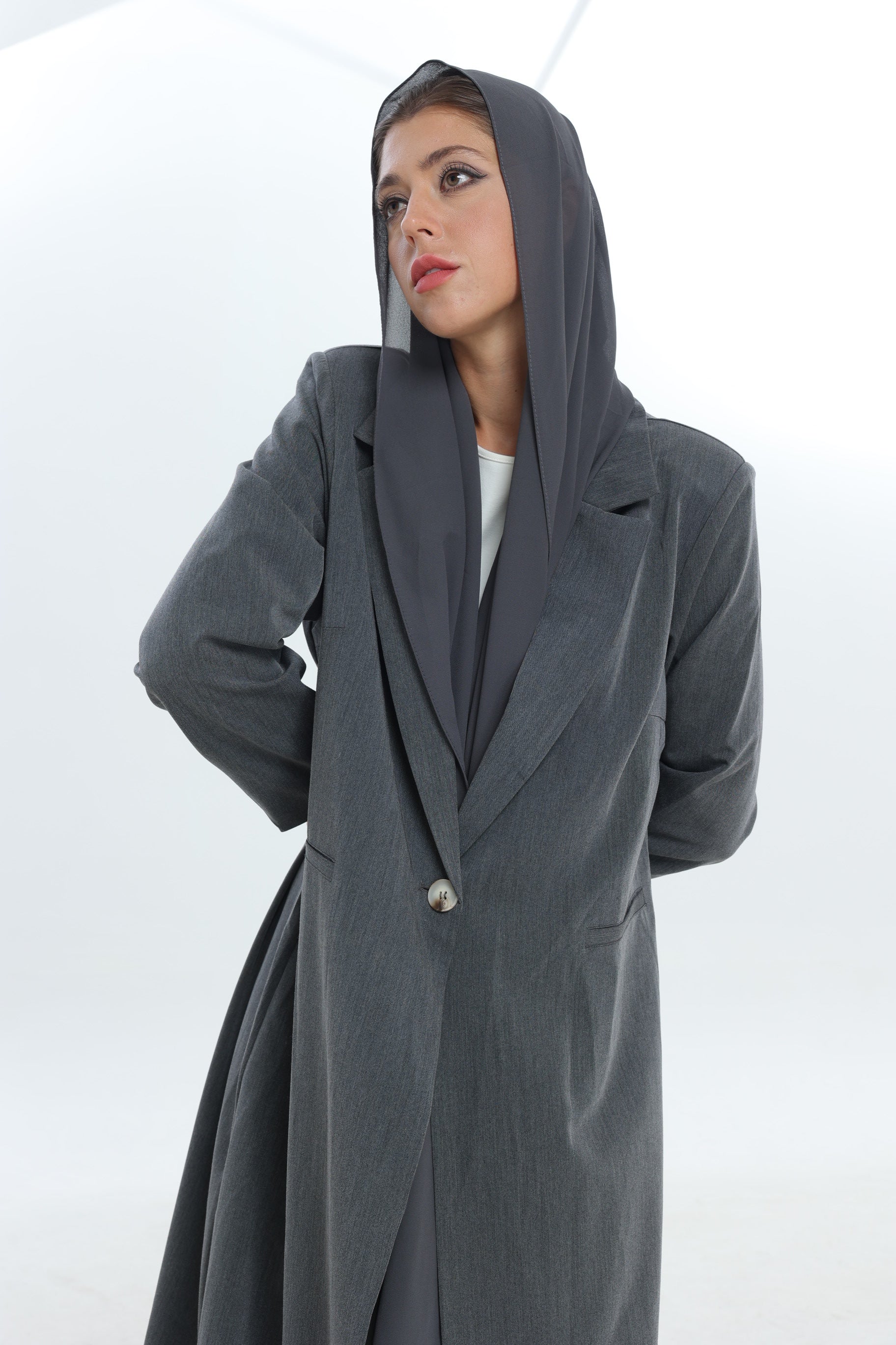Dark Grey Single Button Suit Abaya with Fine Lines