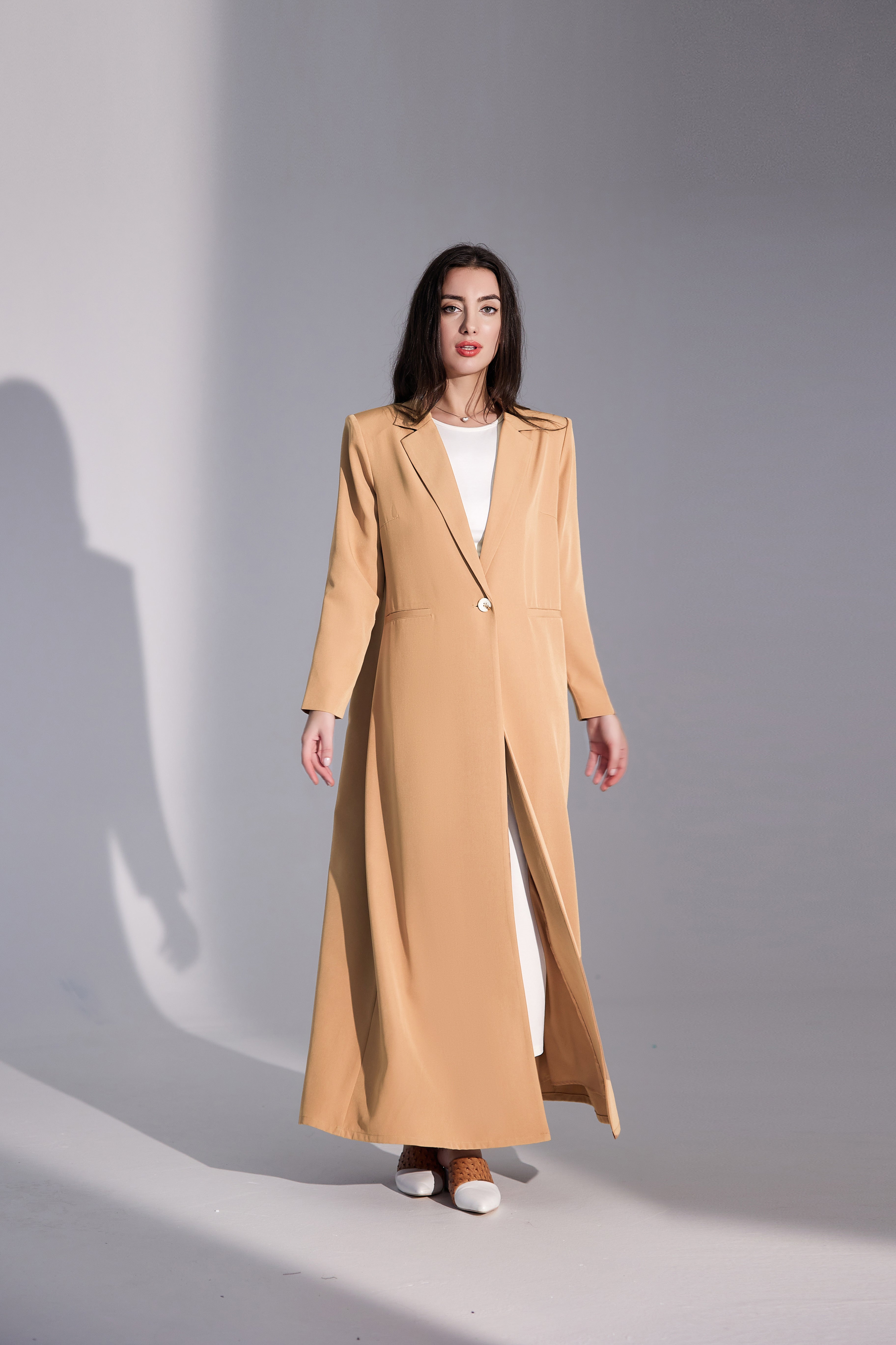 Light Brown Single Button Suit Abaya with Shoulder Pad