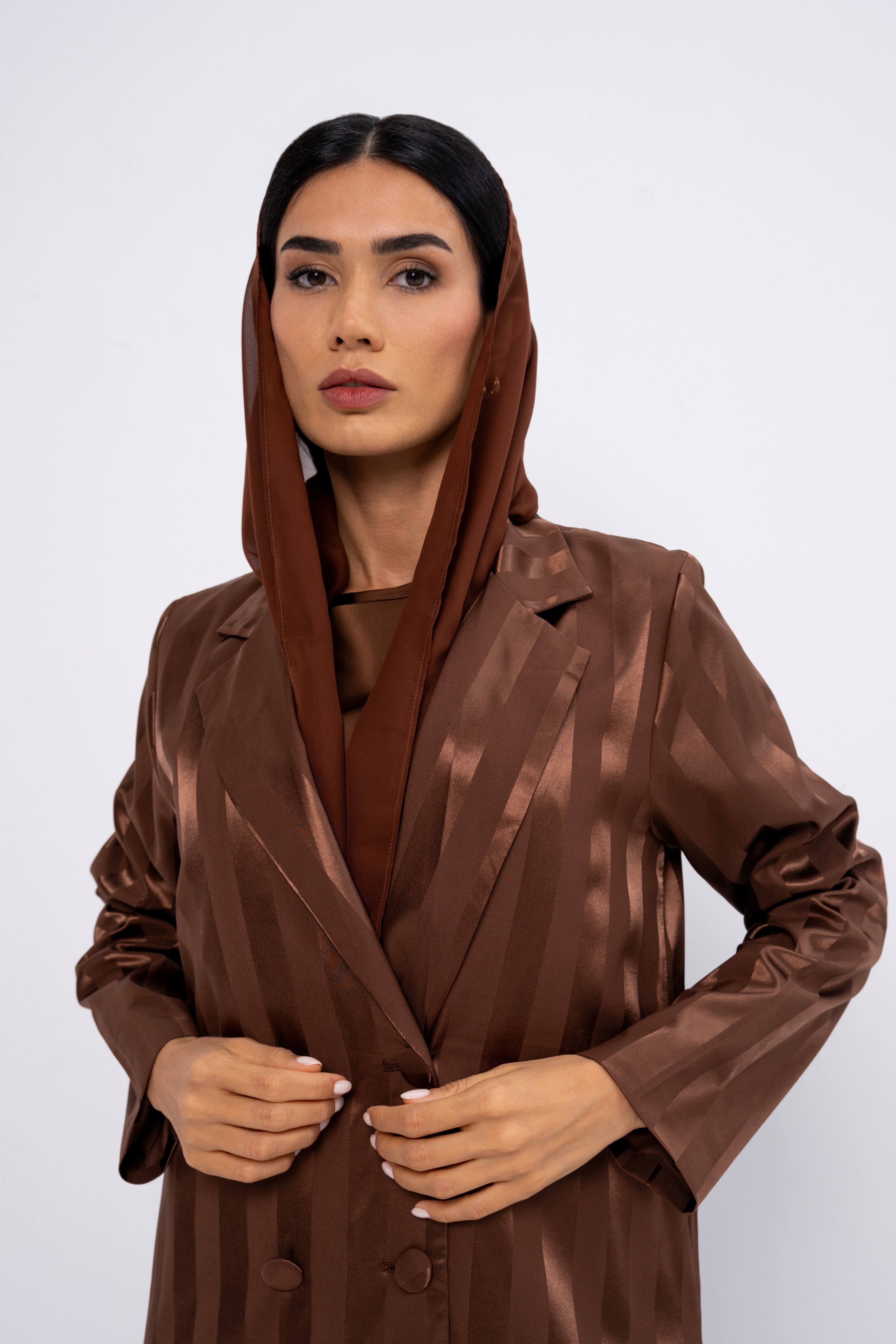 Silk Striped Abaya in Brown