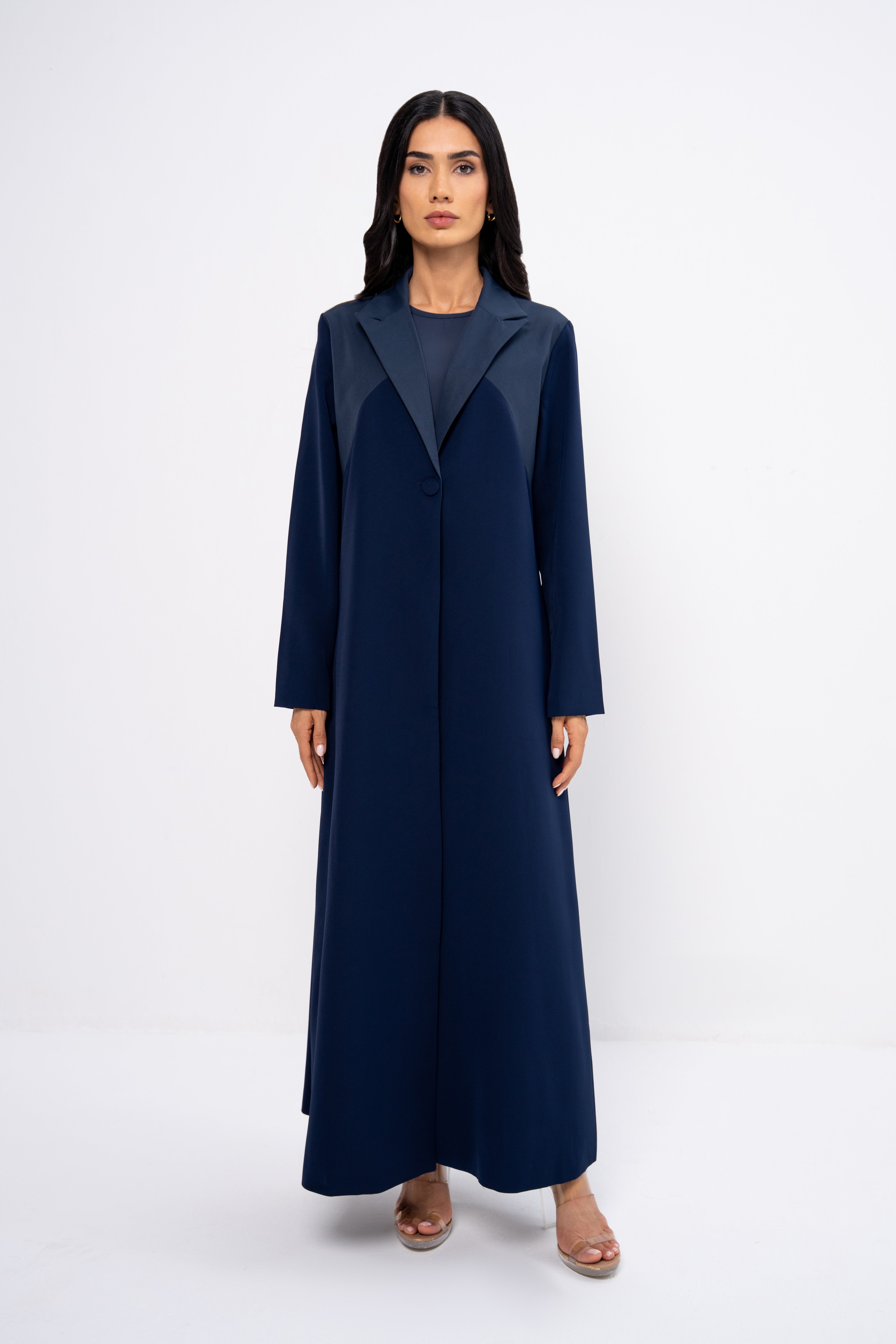 Fabric Block Suit Abaya in Navy Blue