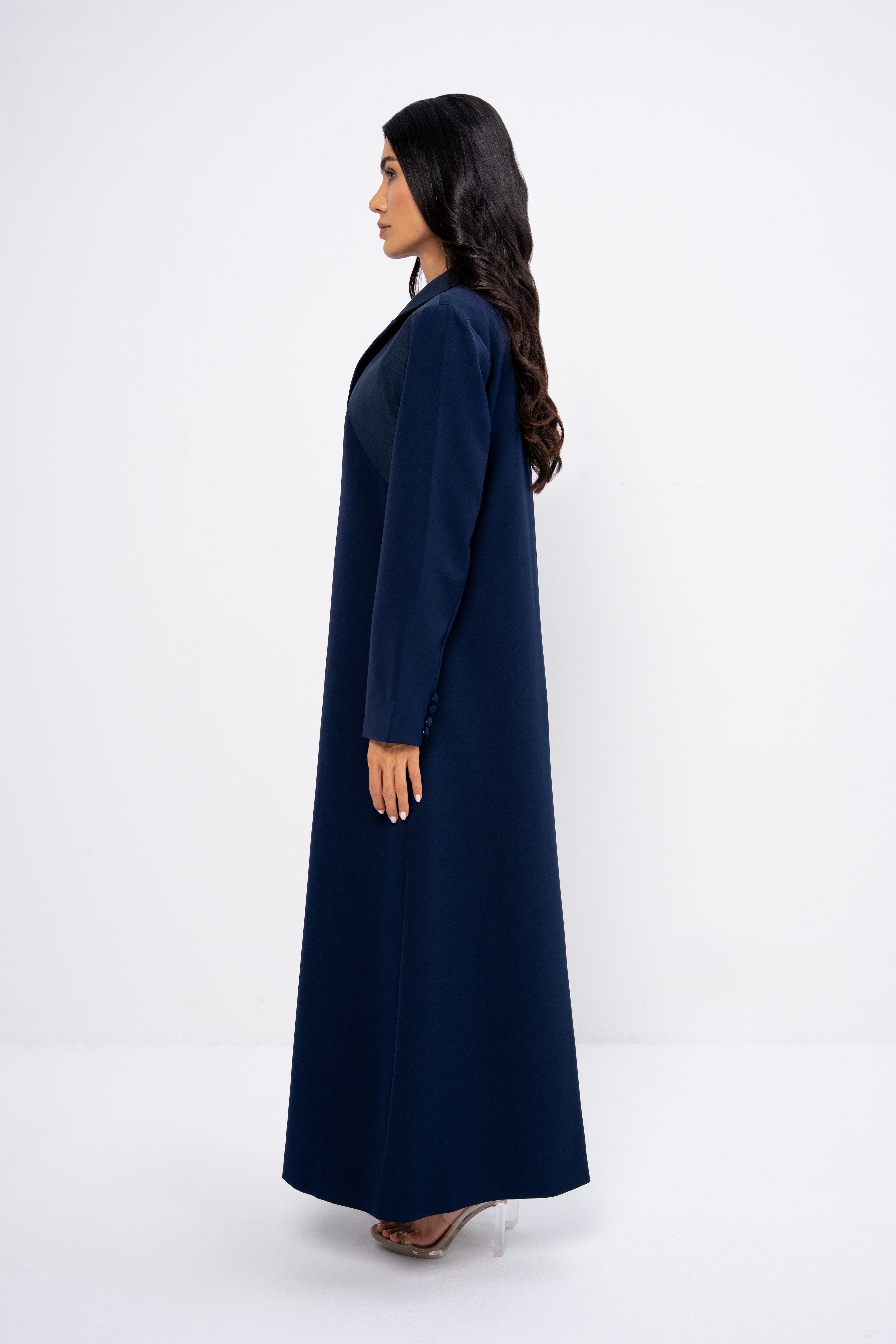 Fabric Block Suit Abaya in Navy Blue