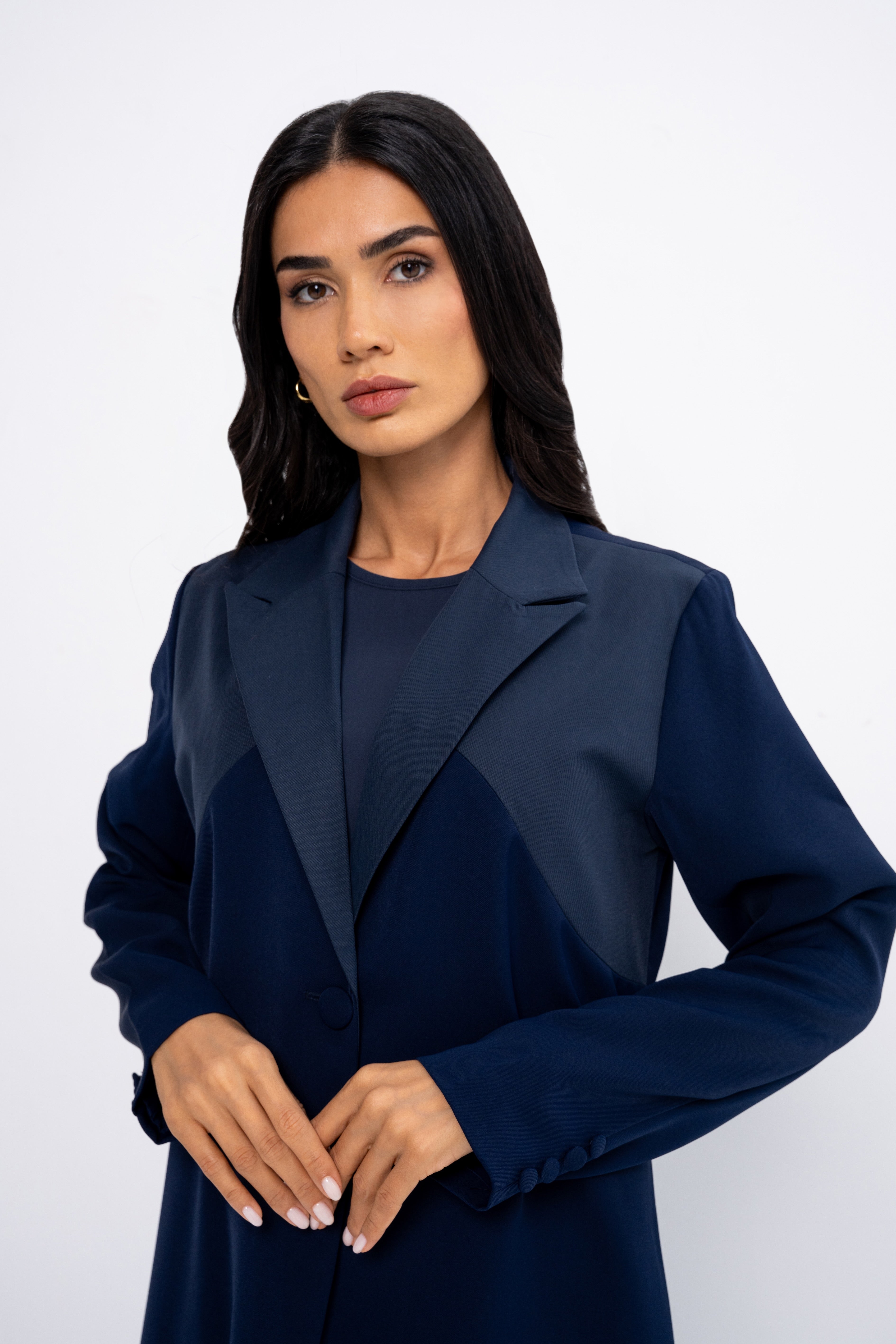 Fabric Block Suit Abaya in Navy Blue